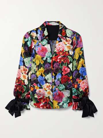 앨리스 앤 올리비아 ALICE + OLIVIA Randa bow-detailed floral-print devore-satin blouse,Black