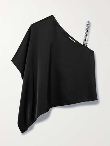 앨리스 앤 올리비아 ALICE + OLIVIA Riko crystal-embellished one-shoulder satin top,Black