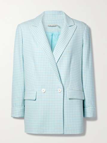 앨리스 앤 올리비아 ALICE + OLIVIA Justin gingham woven double-breasted blazer,Light blue