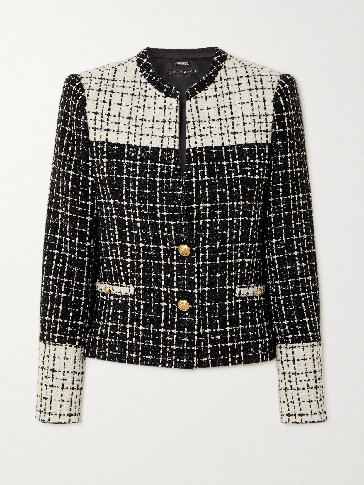 ALICE AND OLIVIA JAYDN BUTTON-EMBELLISHED TWEED JACKET