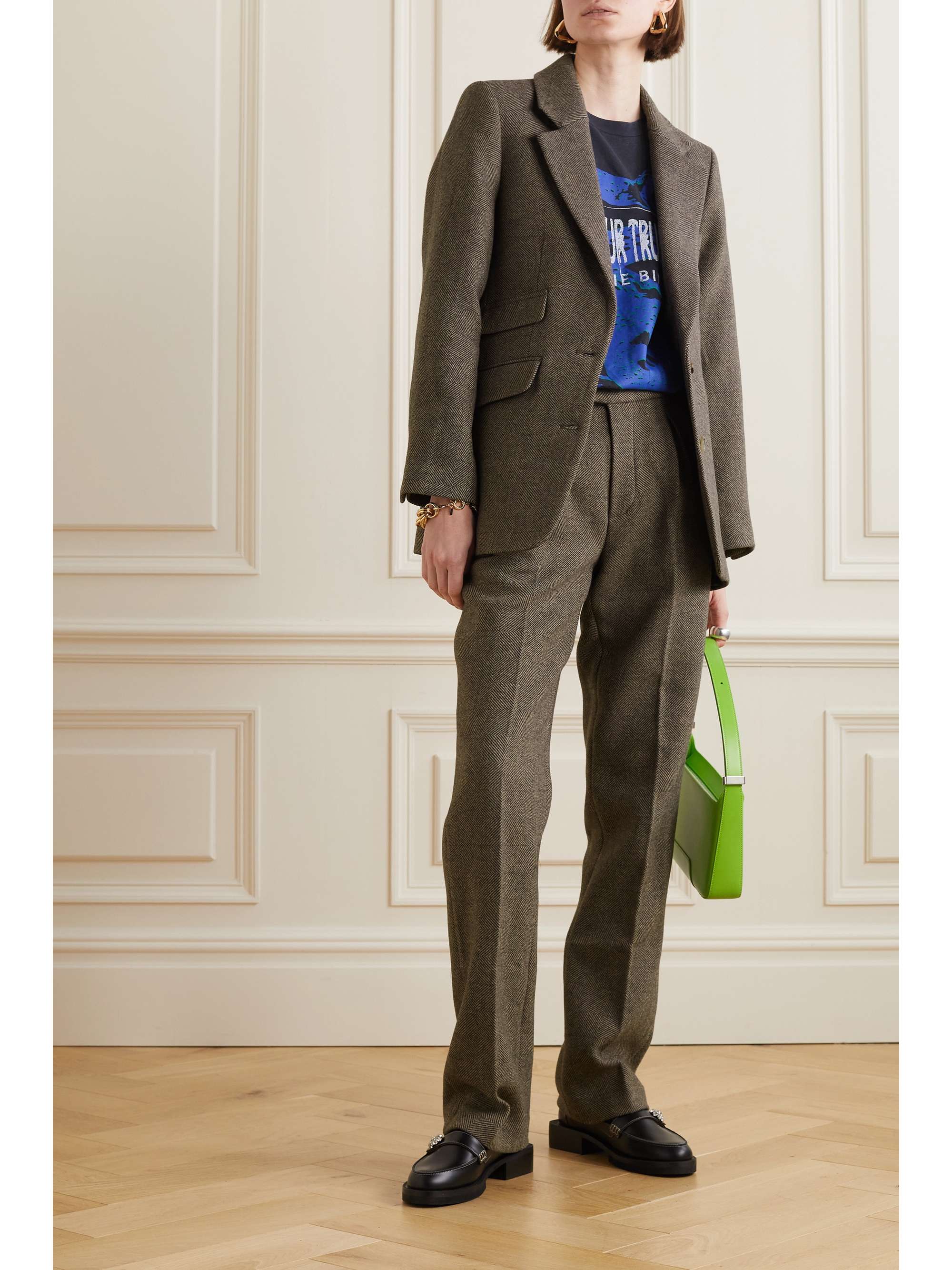 ANINE BING Brice herringbone wool-blend tweed straight-leg pants