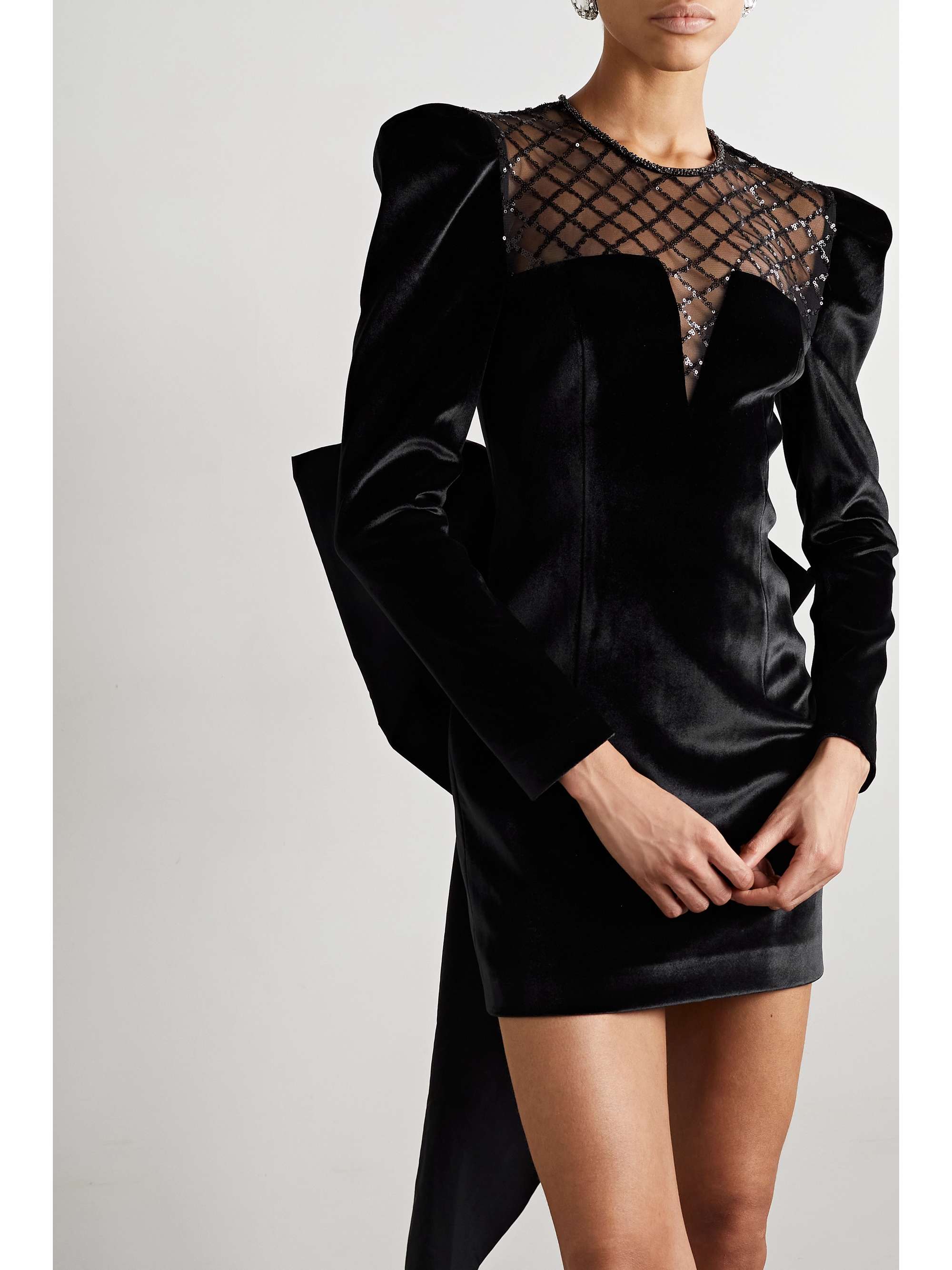REBECCA VALLANCE Bow-embellished sequined tulle-trimmed velvet mini dress
