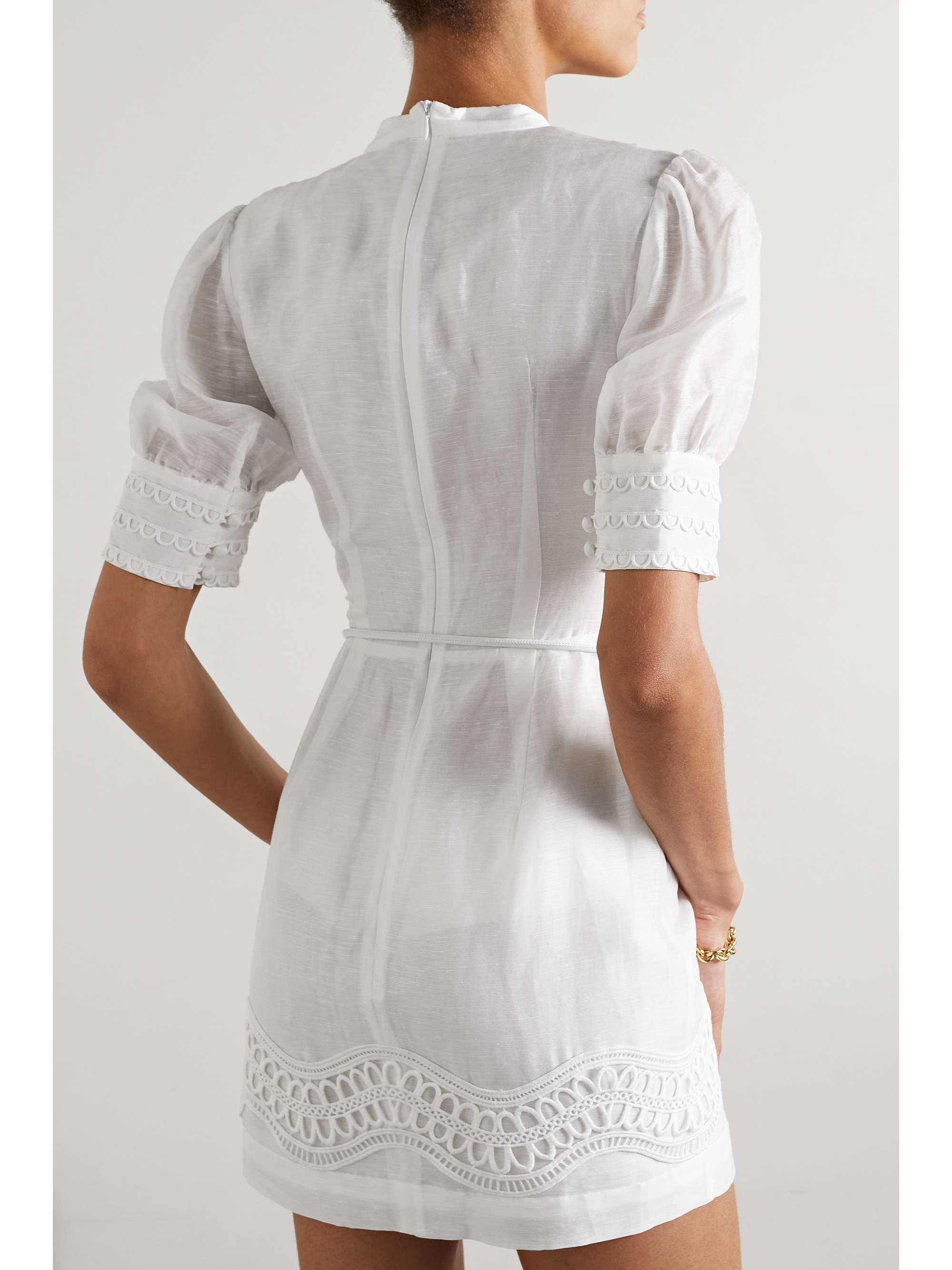 REBECCA VALLANCE Julieta belted guipure lace-trimmed linen and silk-blend mini dress