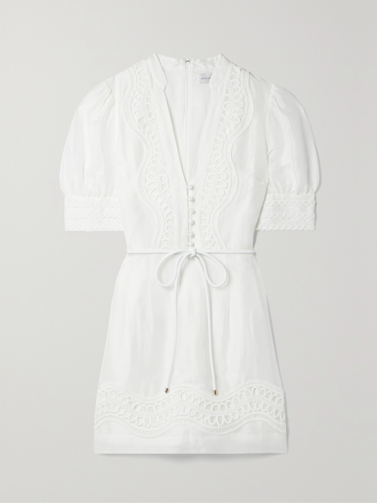 Rebecca Vallance Julieta Belted Guipure Lace-trimmed Linen And Silk-blend Mini Dress