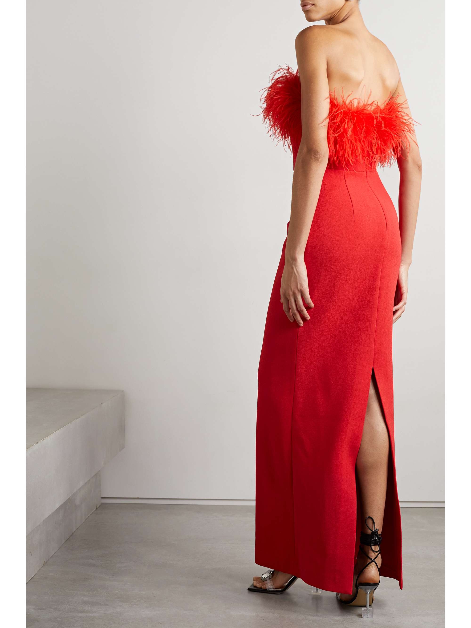 REBECCA VALLANCE Scarlett strapless feather-trimmed cady gown
