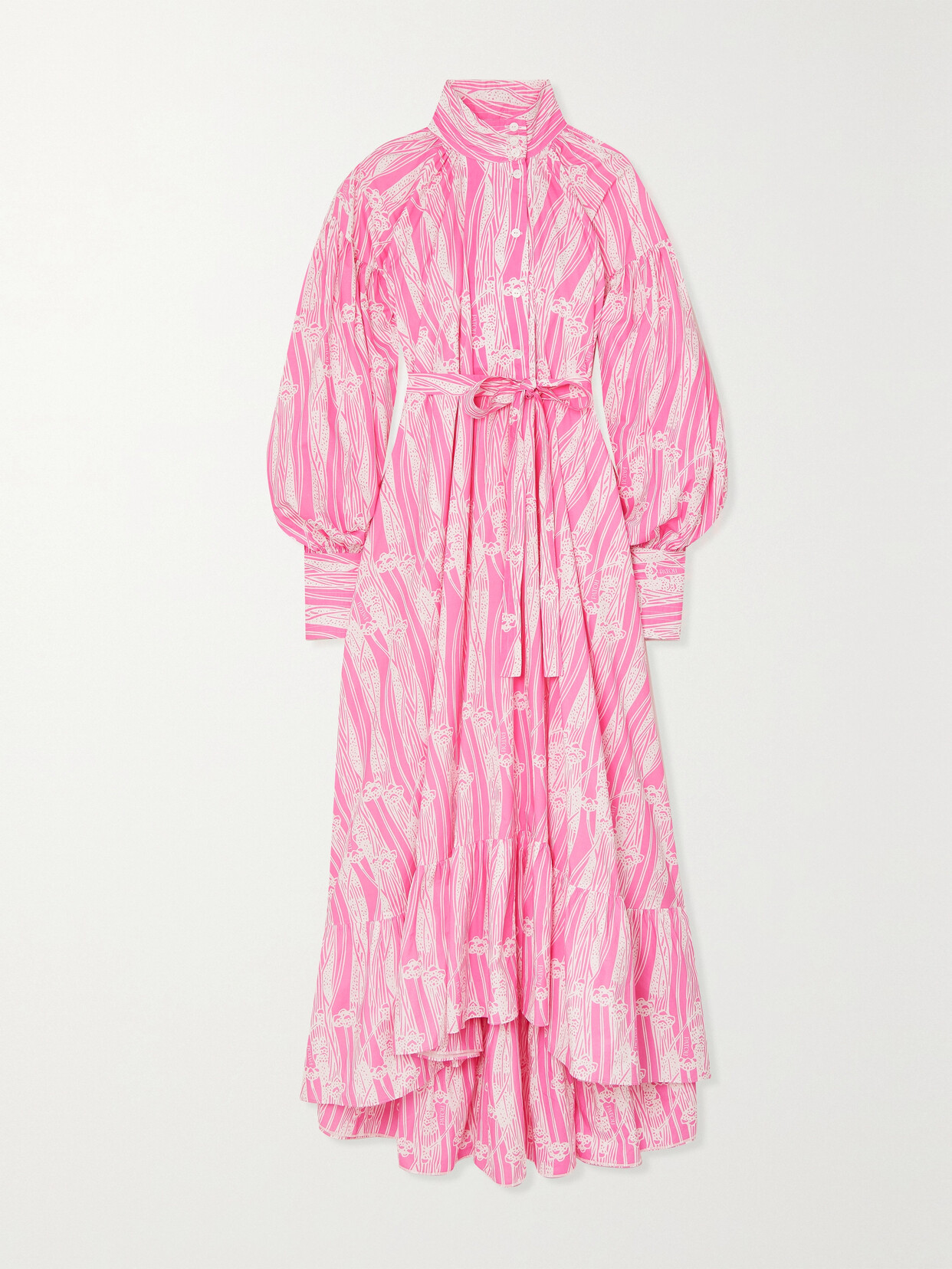Shop Patou Belted Tiered Printed Cotton-poplin Maxi Dress In Pink