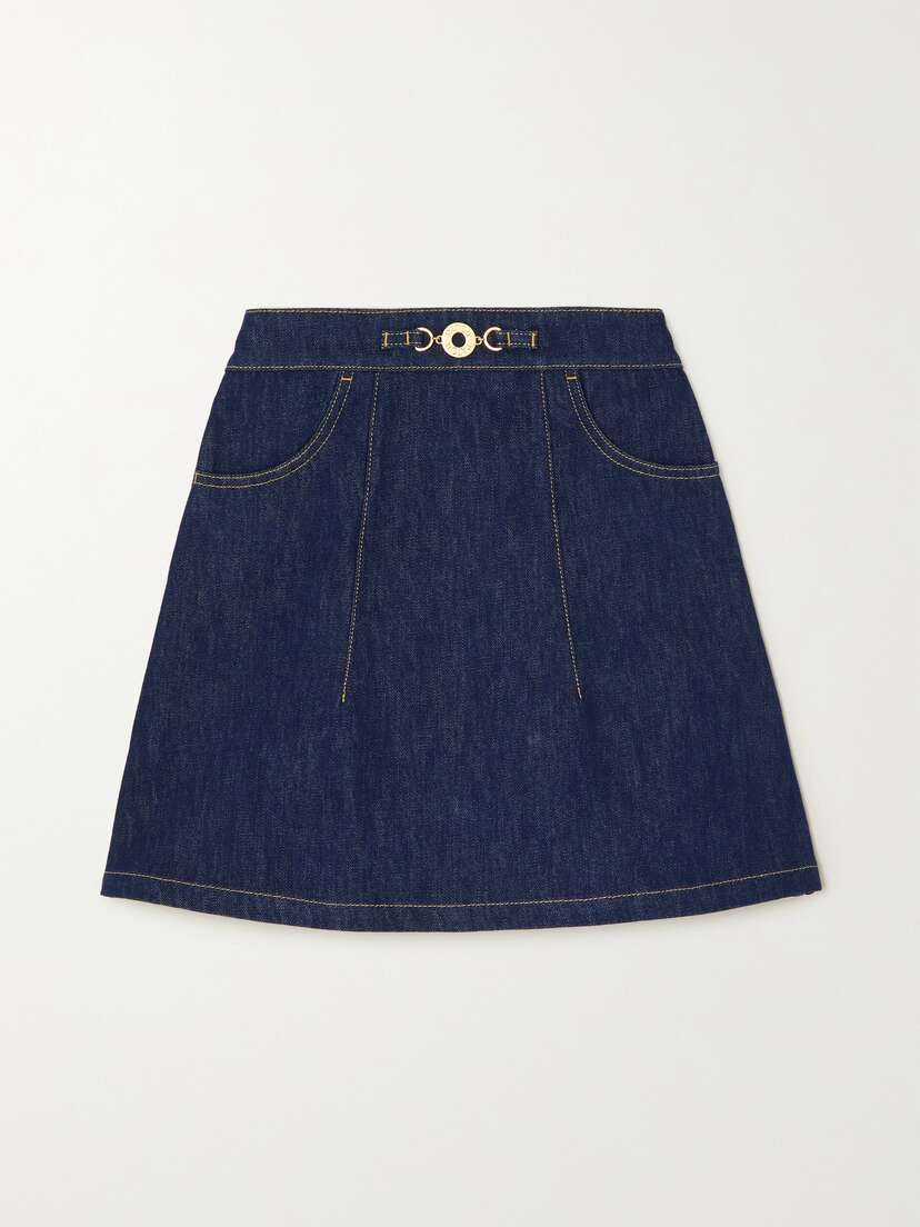Patou Embellished Topstitched Denim Mini Skirt