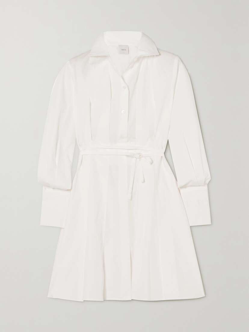 Patou Belted Pleated Cotton-poplin Mini Shirt Dress