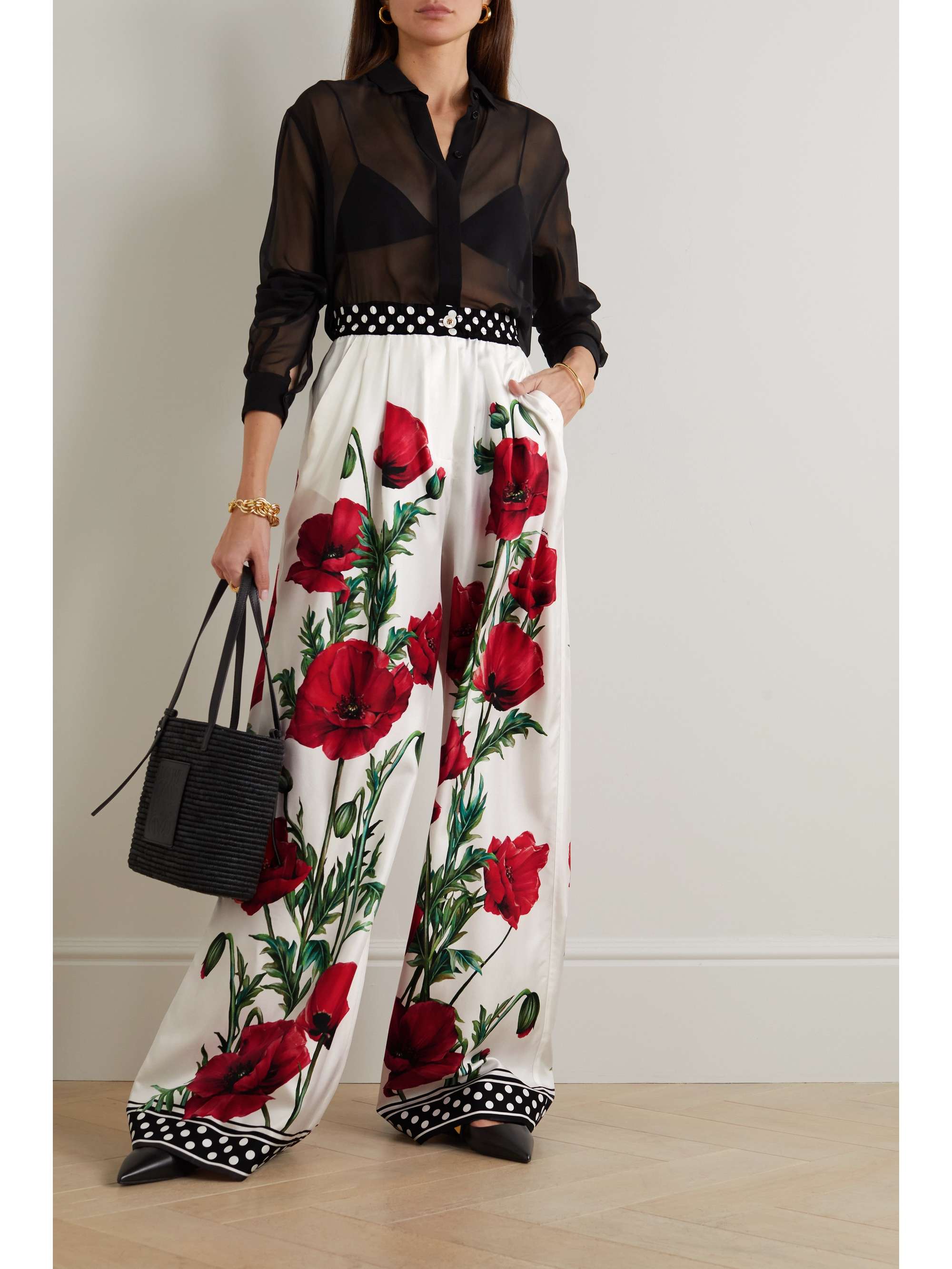 DOLCE & GABBANA Floral-print silk-twill wide-leg pants