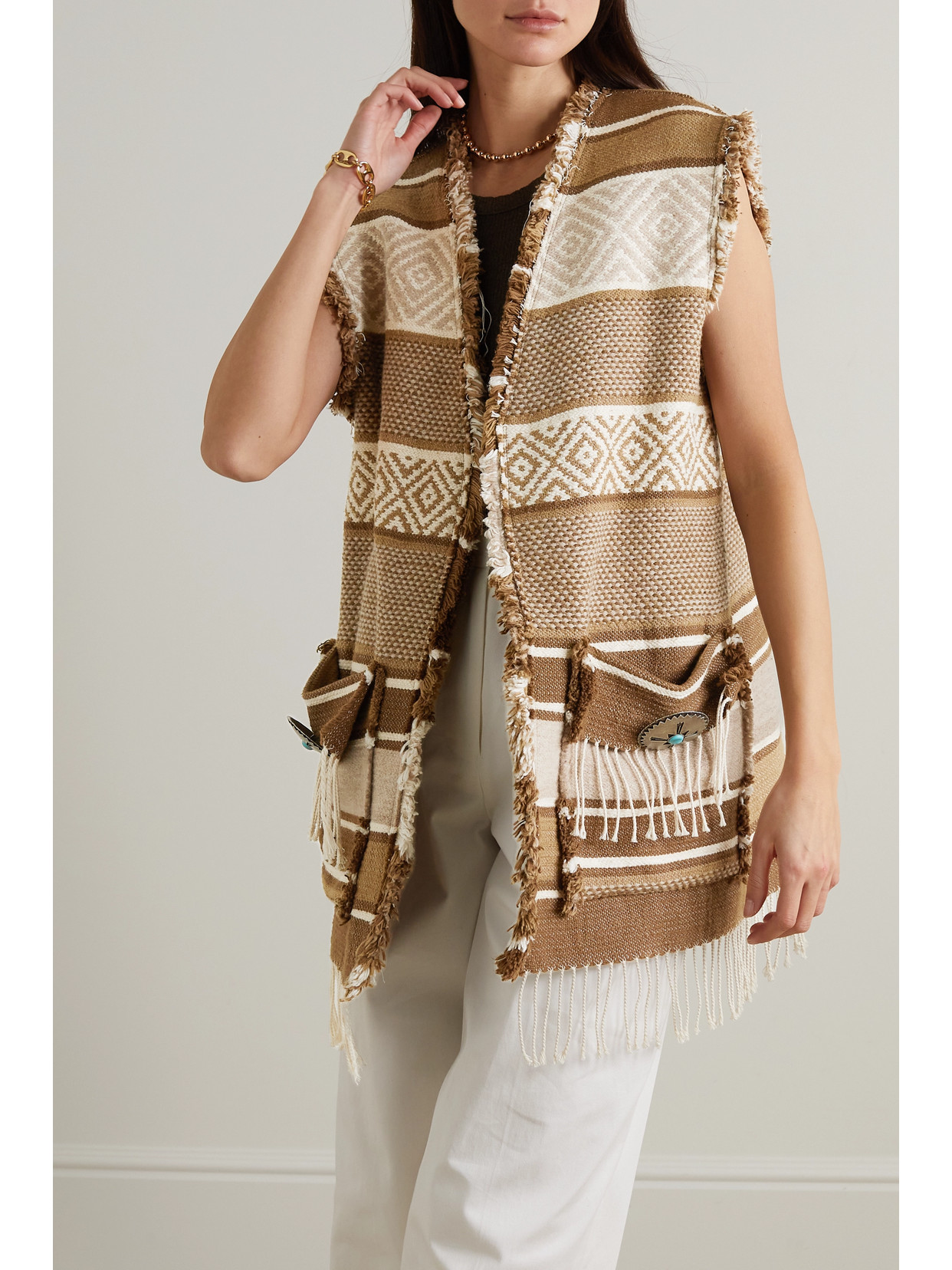Fortela Diana Fringed Cotton And Wool-blend Jacquard Vest In Brown Multi