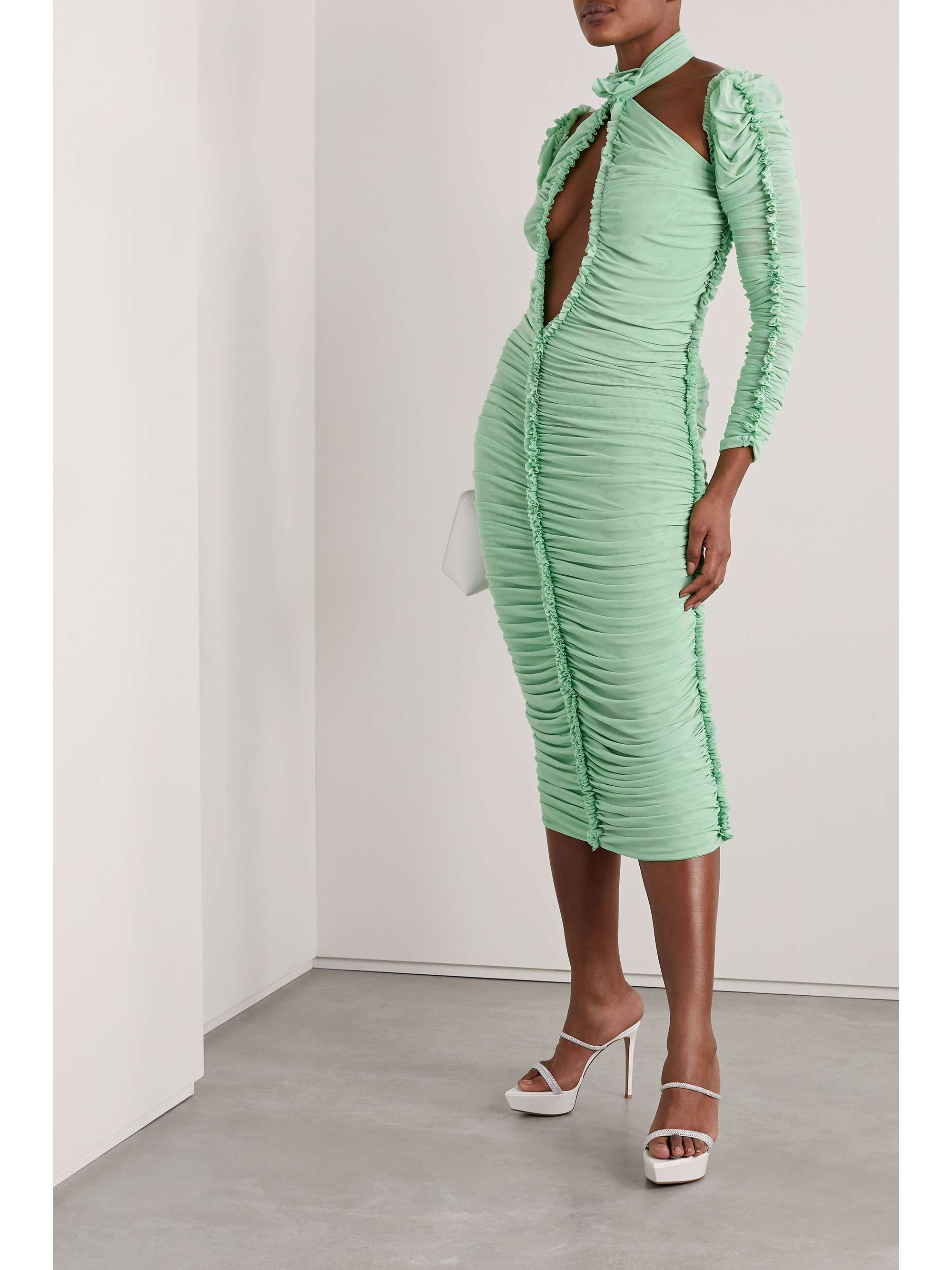 AZ FACTORY + Ester Manas open-back ruched stretch-mesh midi dress