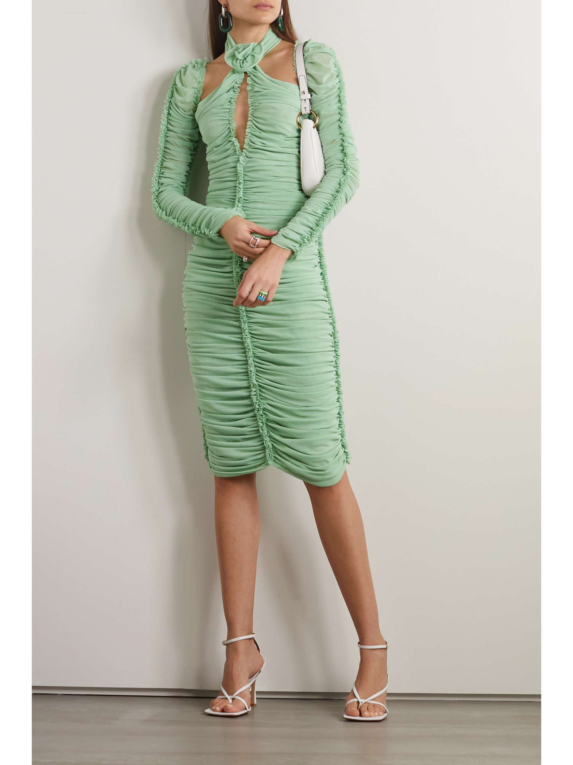 AZ FACTORY + Ester Manas open-back ruched stretch-mesh midi dress