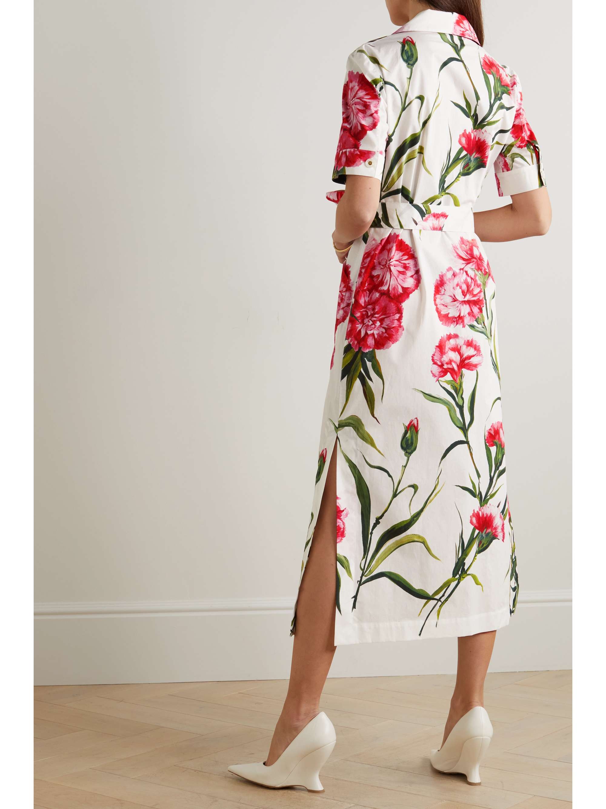 DOLCE & GABBANA Belted floral-print cotton-poplin midi shirt dress