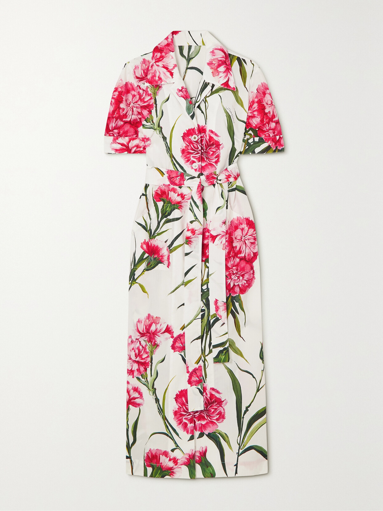 Dolce & Gabbana - Belted Floral-print Cotton-poplin Midi Shirt Dress - Pink