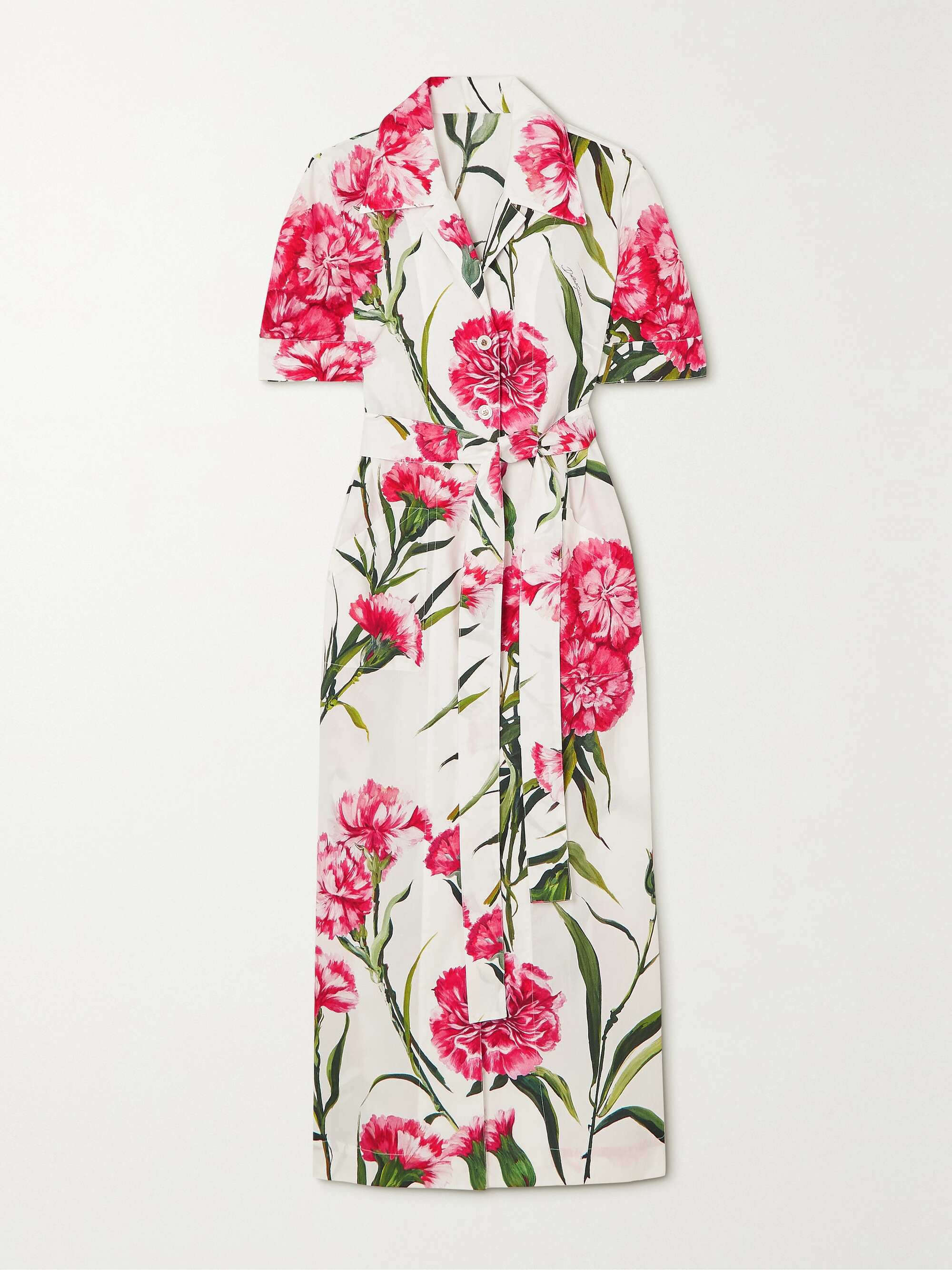 DOLCE GABBANA Belted floral print cotton poplin midi shirt dress