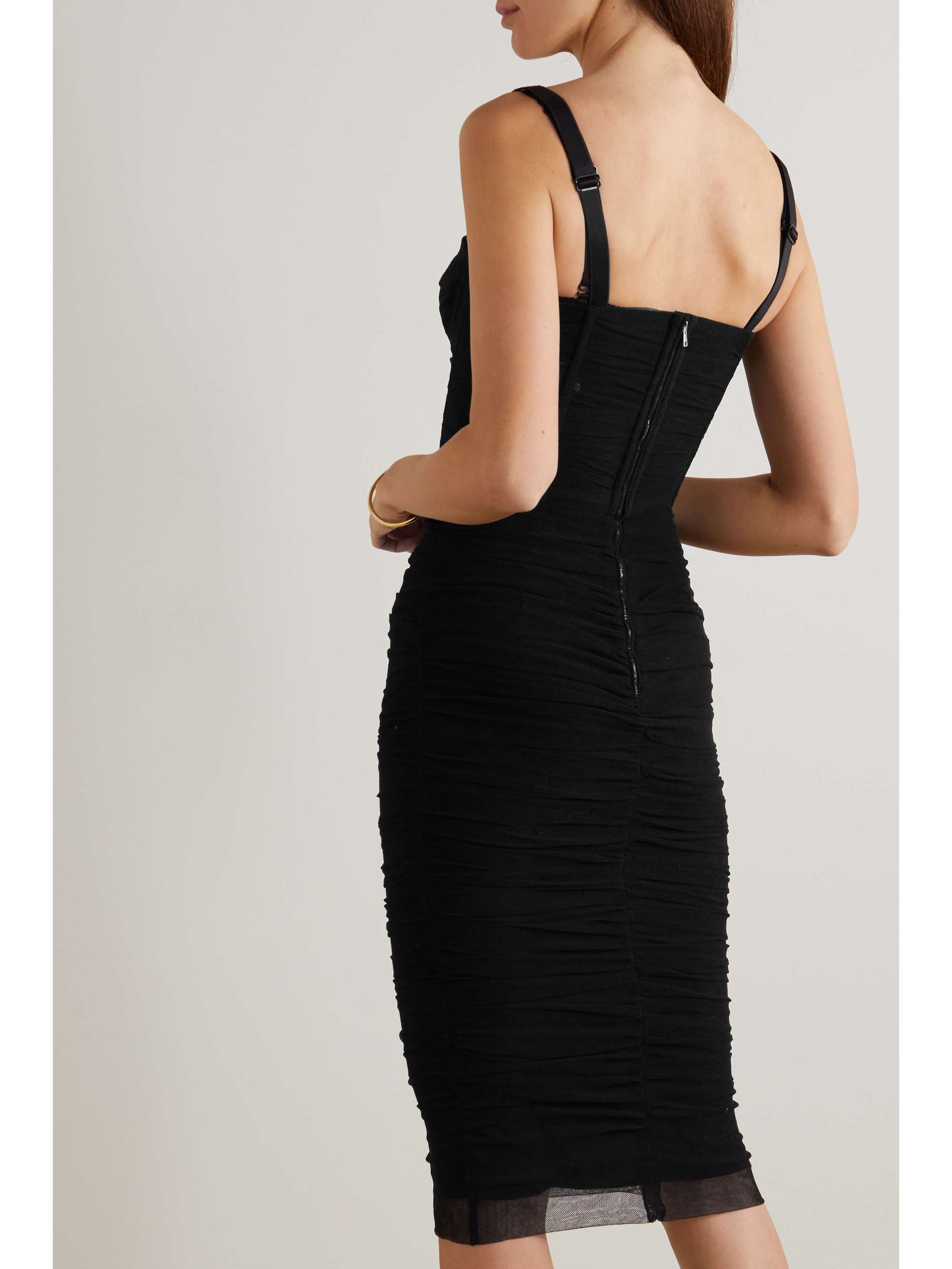 DOLCE & GABBANA Ruched stretch cotton-blend tulle midi dress