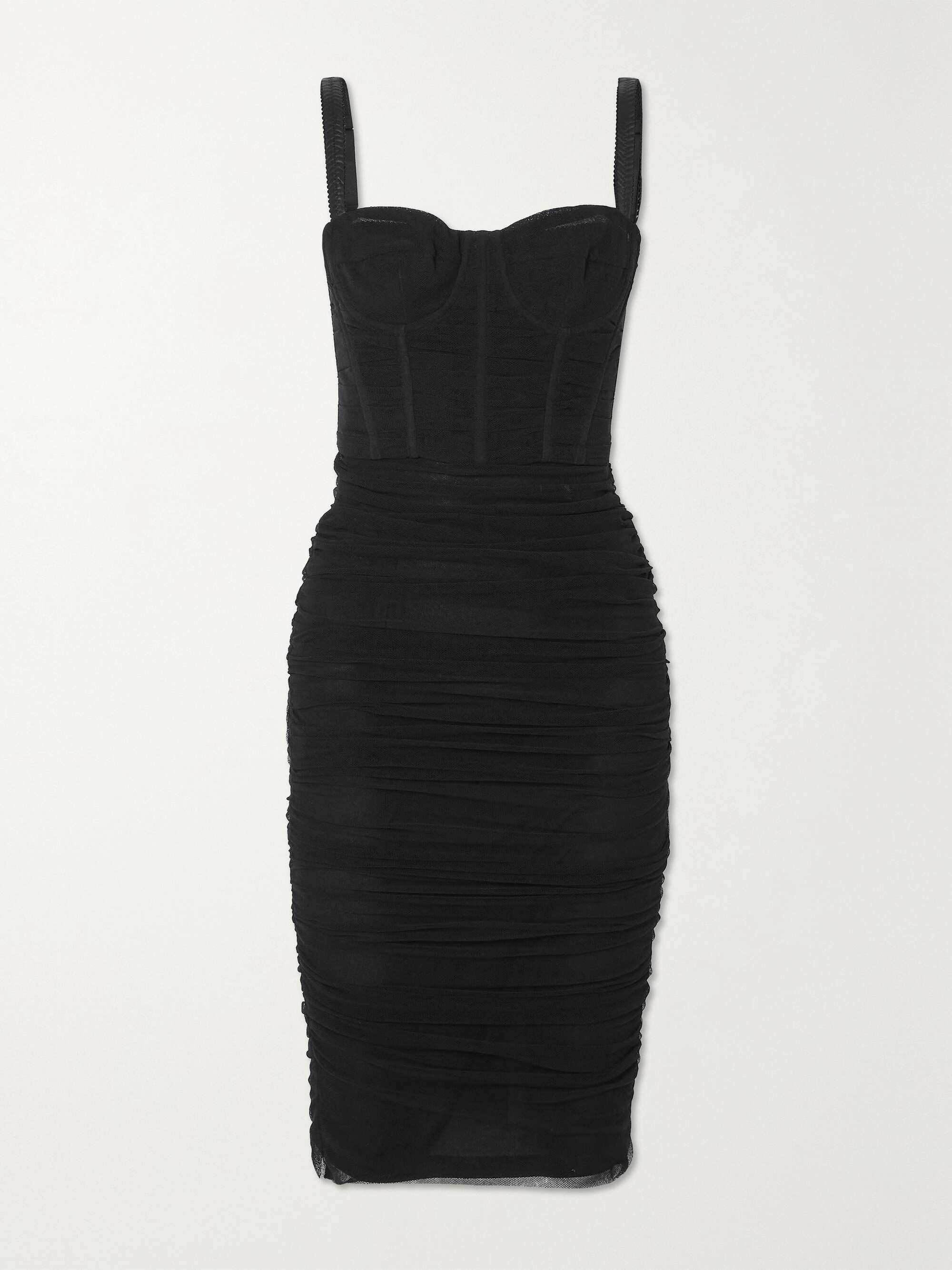 Black Ruched stretch cotton-blend tulle midi dress | DOLCE & GABBANA ...