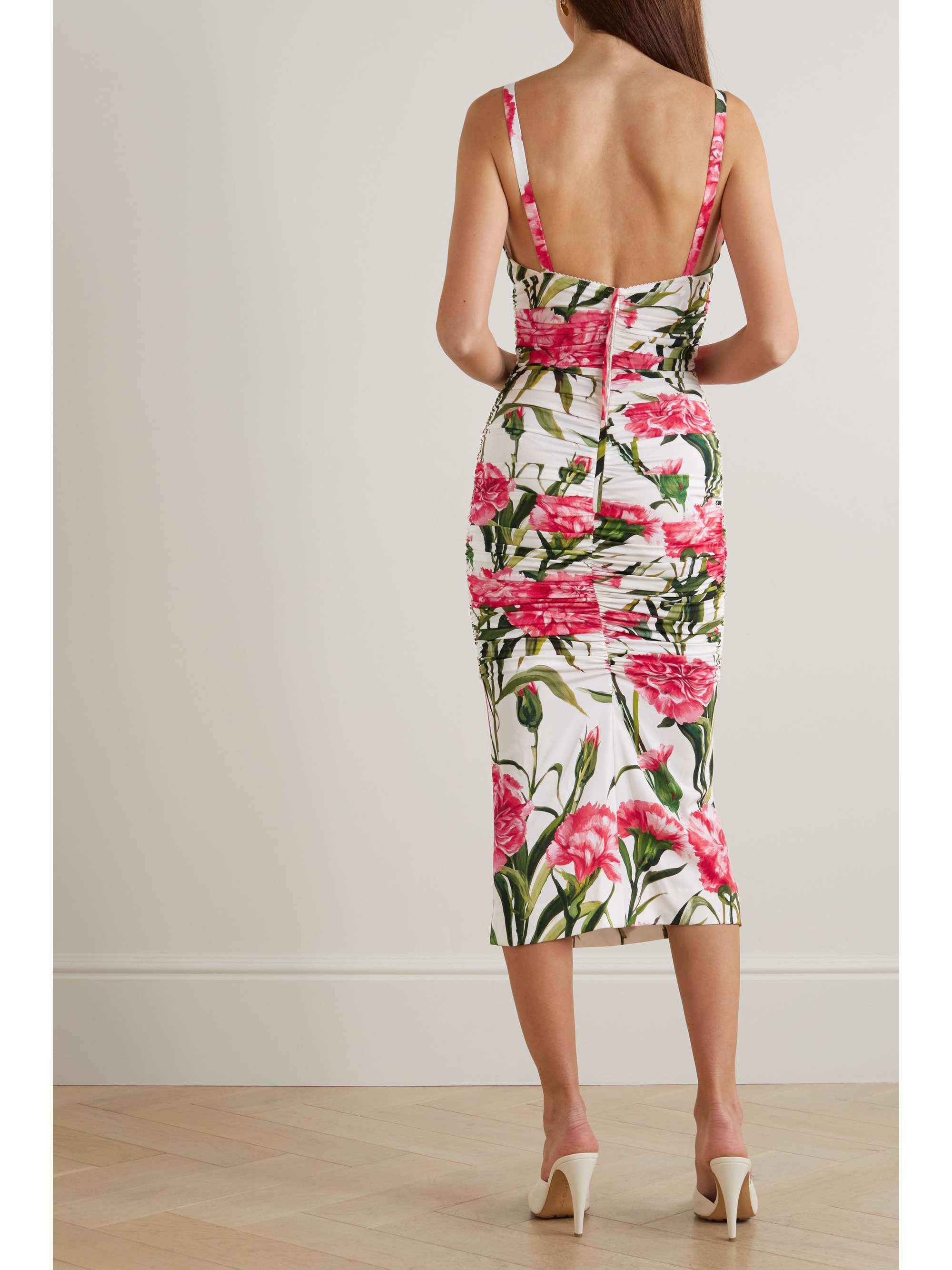 DOLCE & GABBANA Ruched floral-print stretch-silk midi dress