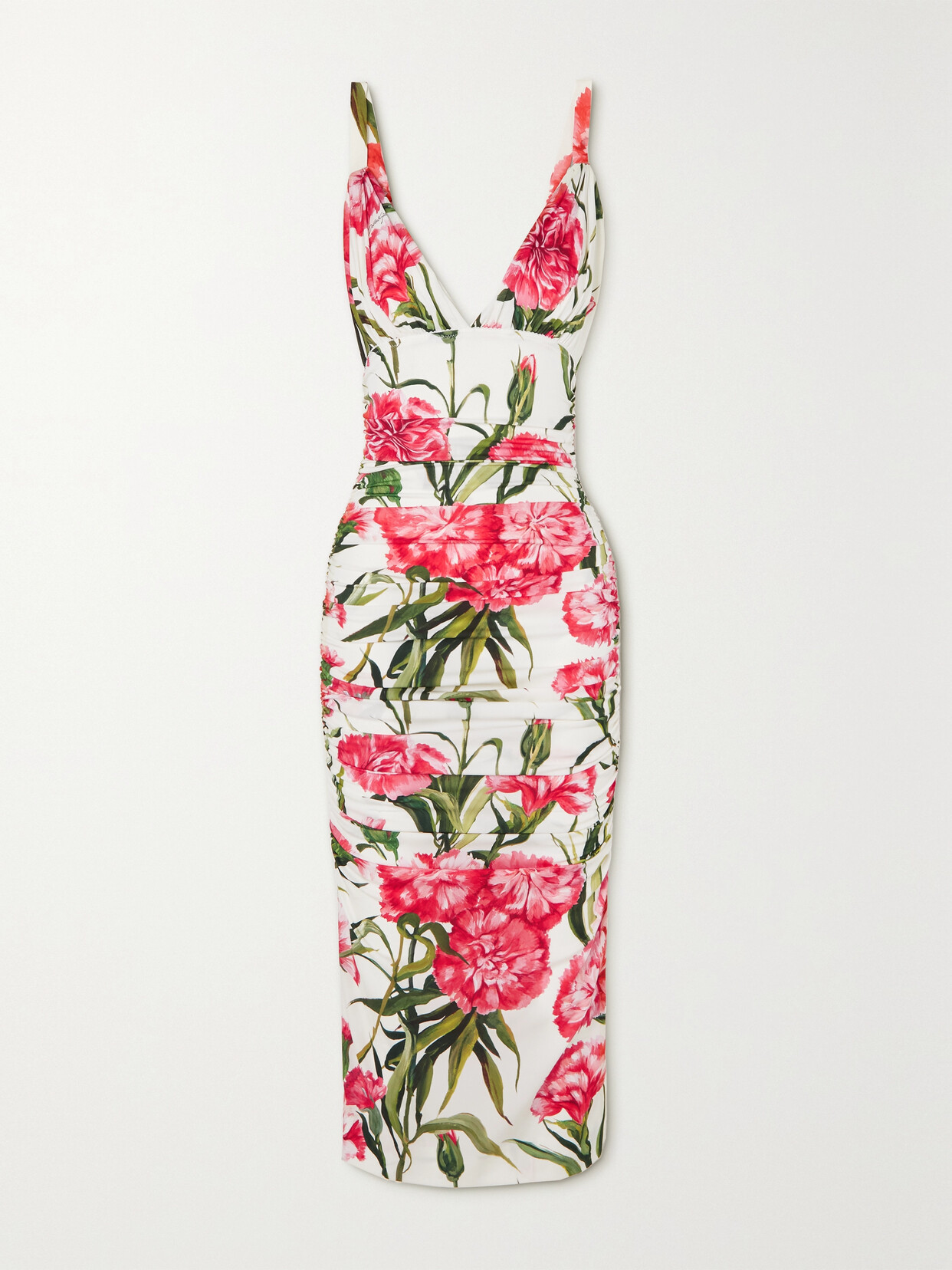 Dolce & Gabbana - Ruched Floral-print Stretch-silk Midi Dress - Pink