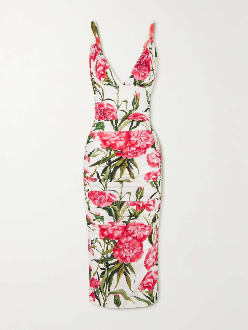 Dolce & Gabbana Ruched Floral-print Stretch-silk Midi Dress