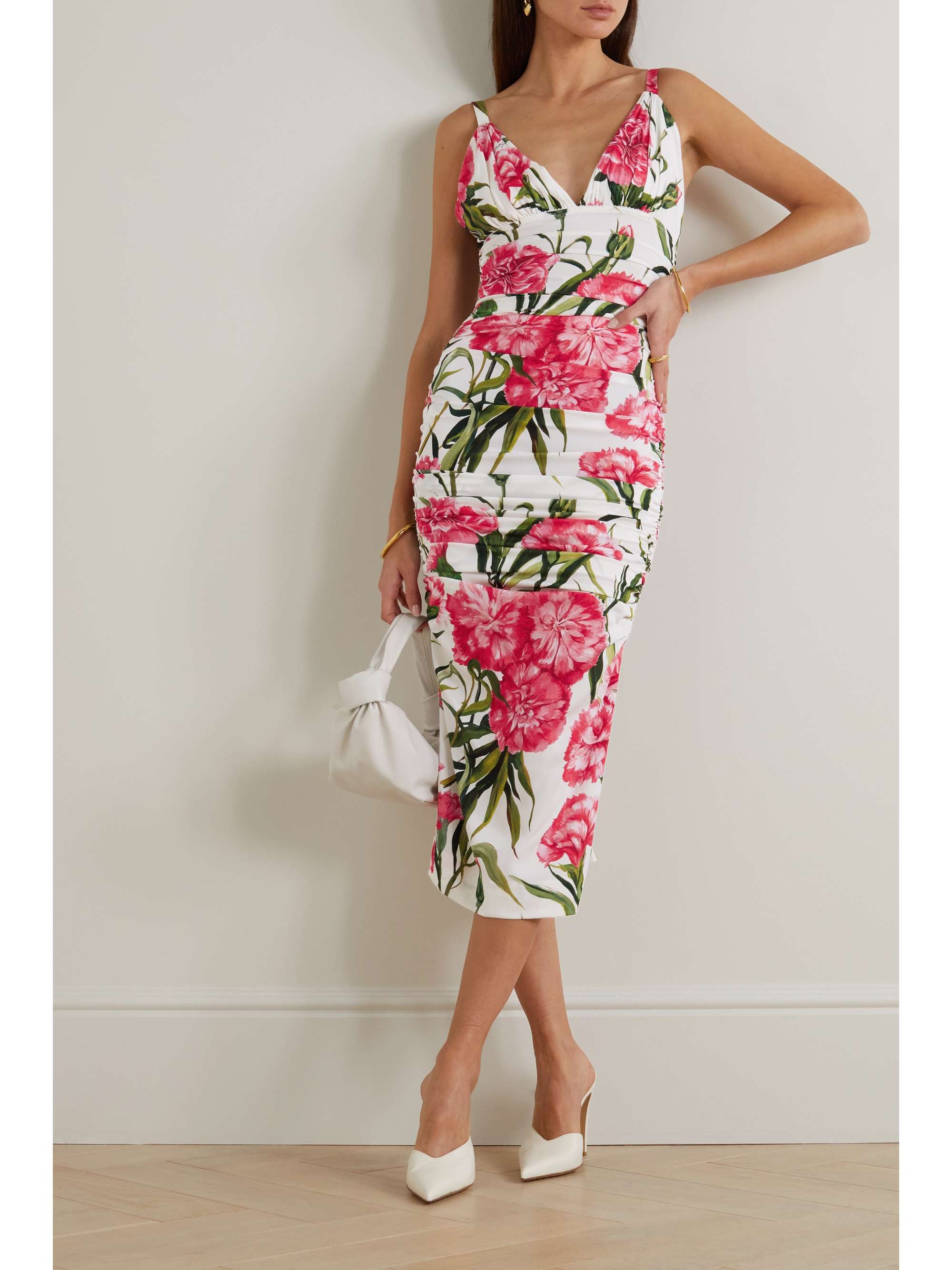 DOLCE & GABBANA Ruched floral-print stretch-silk midi dress