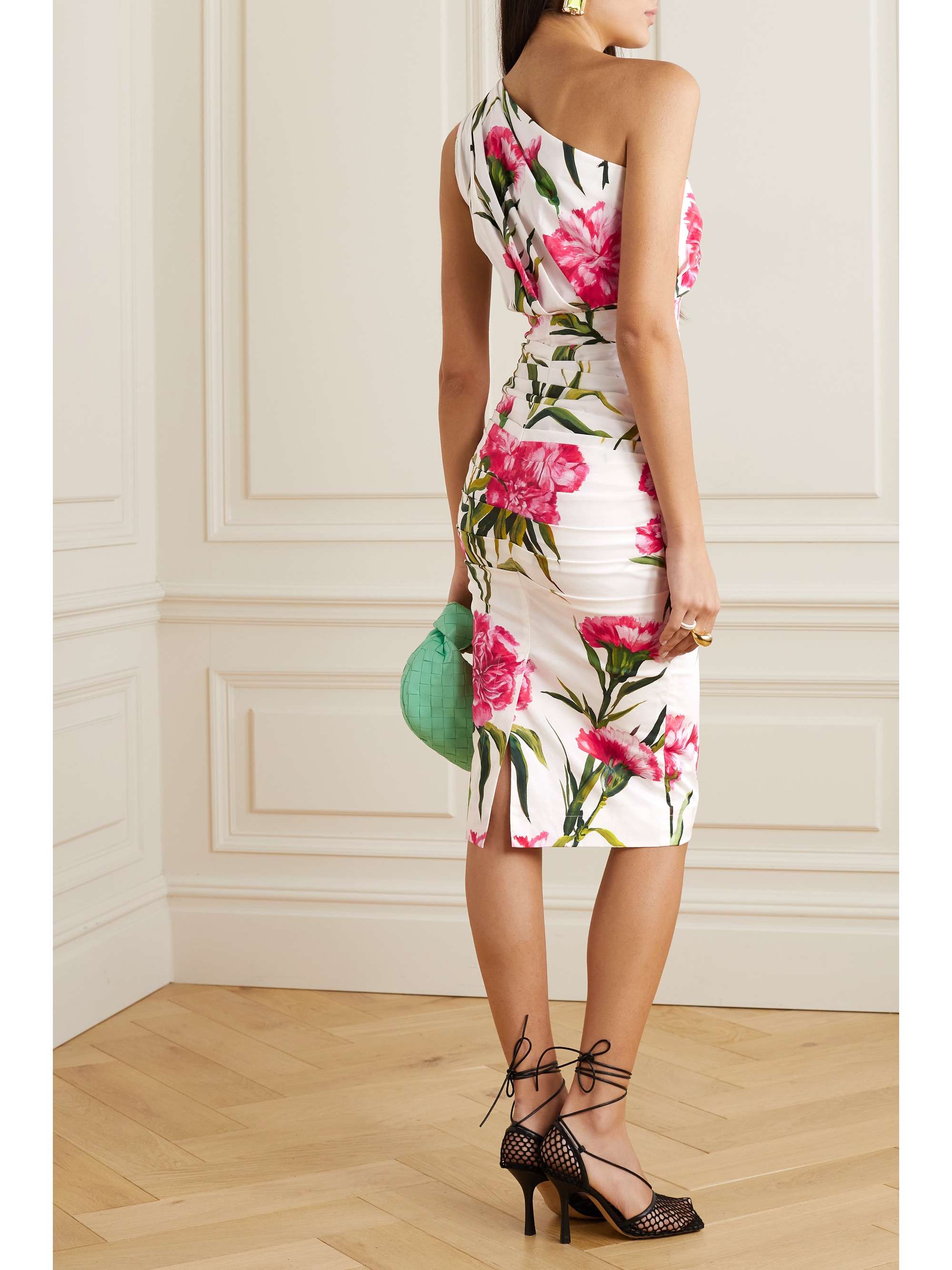 DOLCE & GABBANA One-shoulder ruched floral-print cotton-blend poplin midi dress