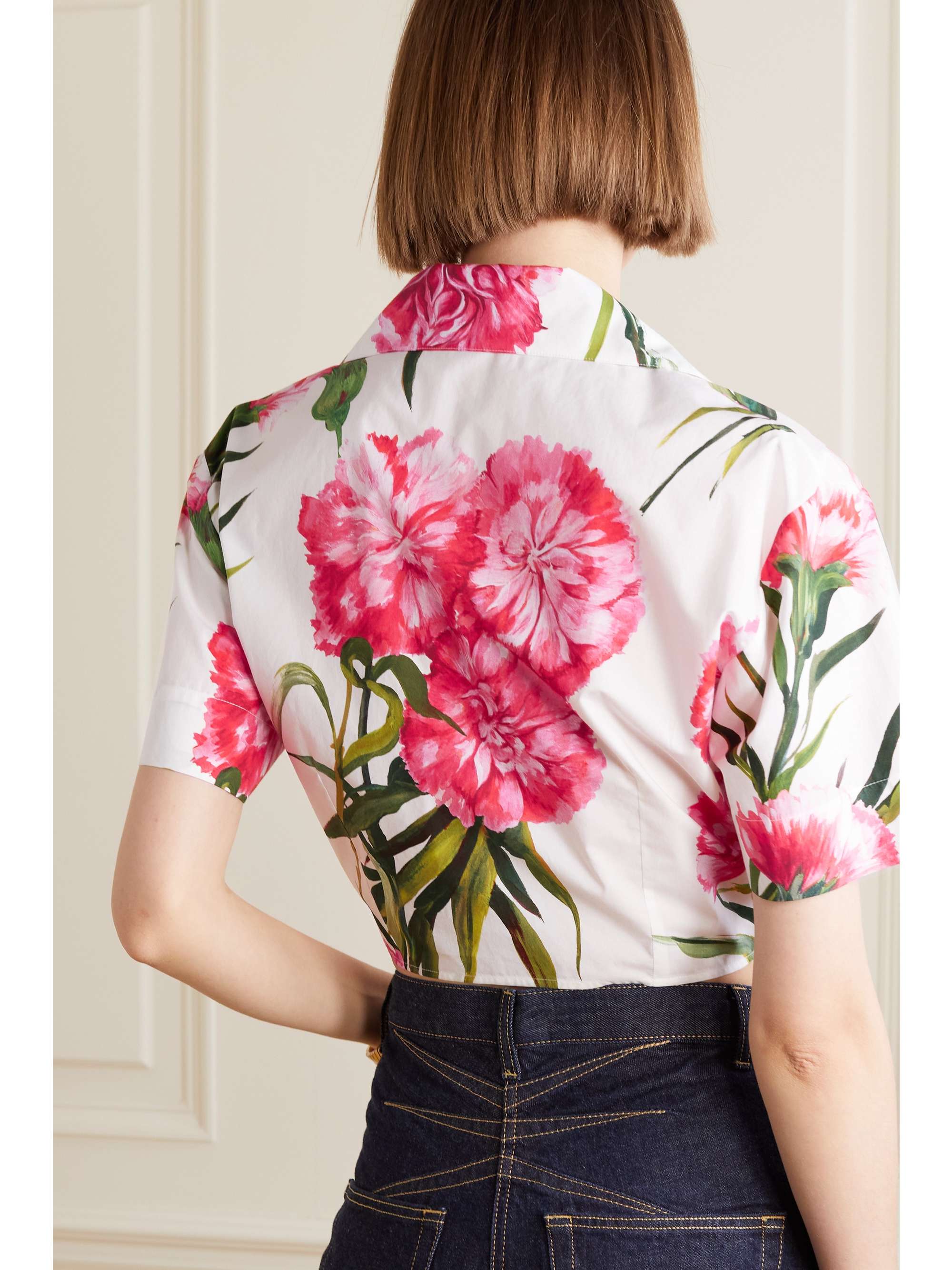 DOLCE & GABBANA Cropped tie-front floral-print cotton-poplin shirt
