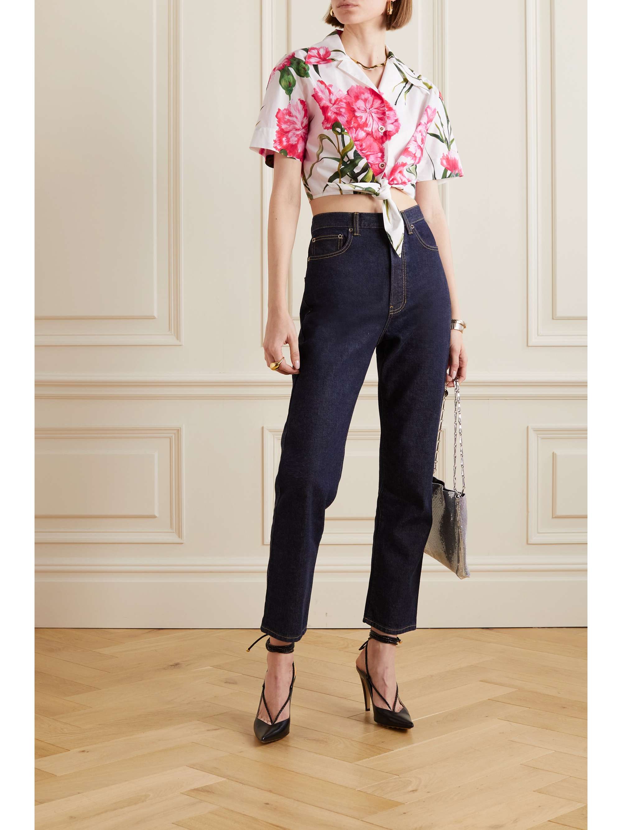 DOLCE & GABBANA Cropped tie-front floral-print cotton-poplin shirt