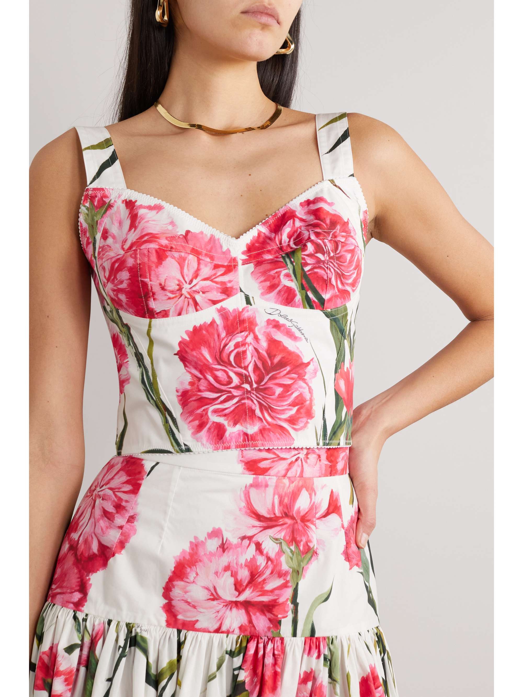 DOLCE & GABBANA Floral-print stretch cotton-blend poplin bustier top