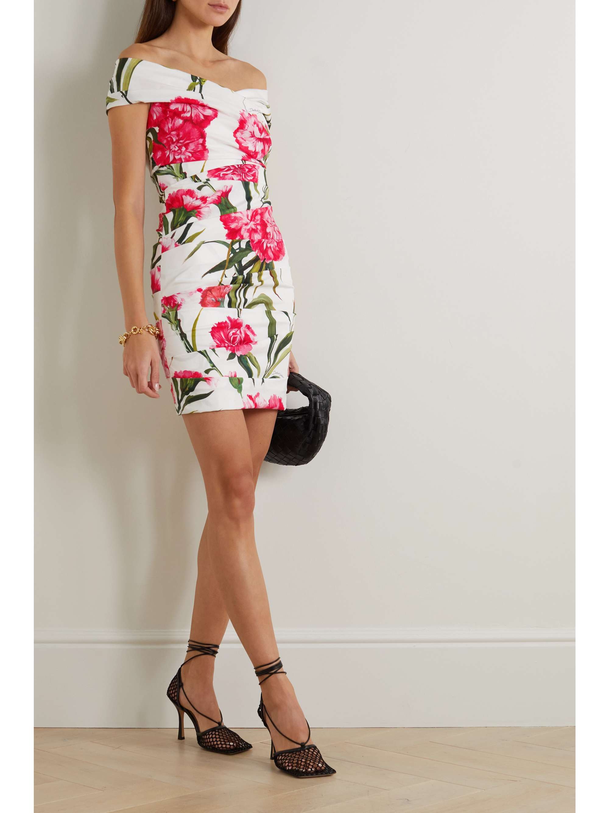 DOLCE & GABBANA Ruched off-the-shoulder floral-print stretch-cotton mini dress