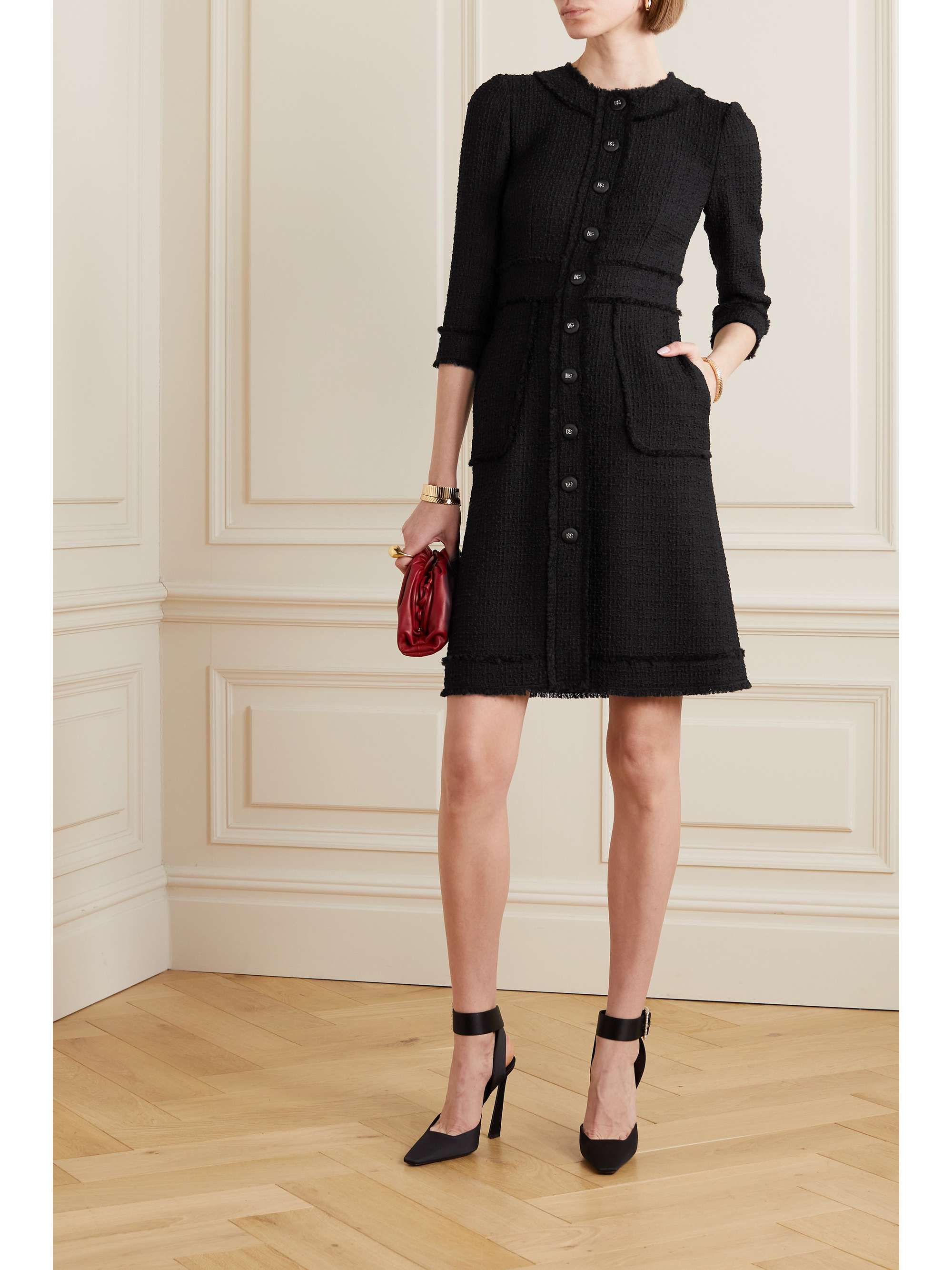 DOLCE & GABBANA Raschel button-embellished wool-blend tweed dress
