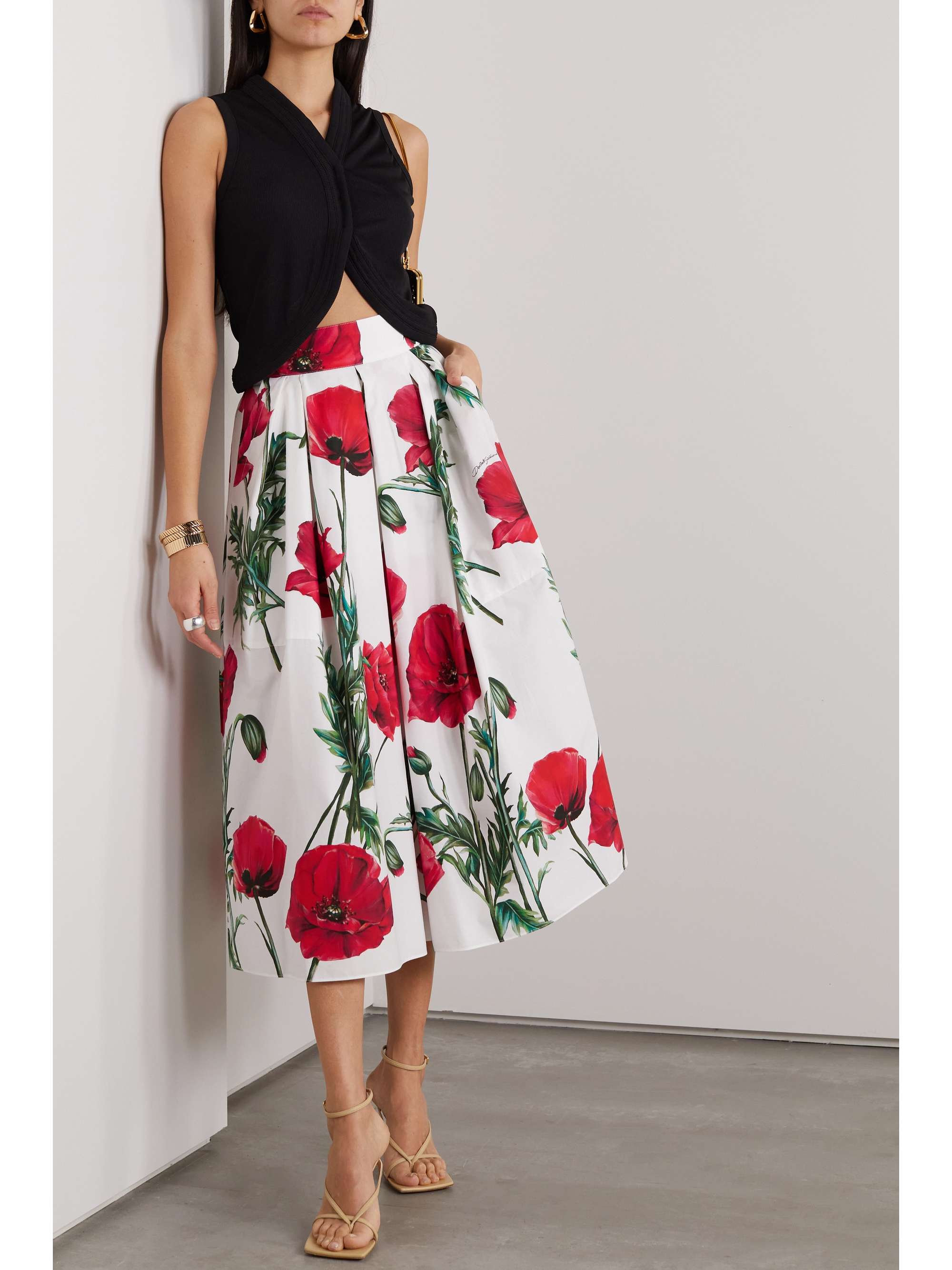 DOLCE & GABBANA Pleated floral-print cotton-poplin midi skirt