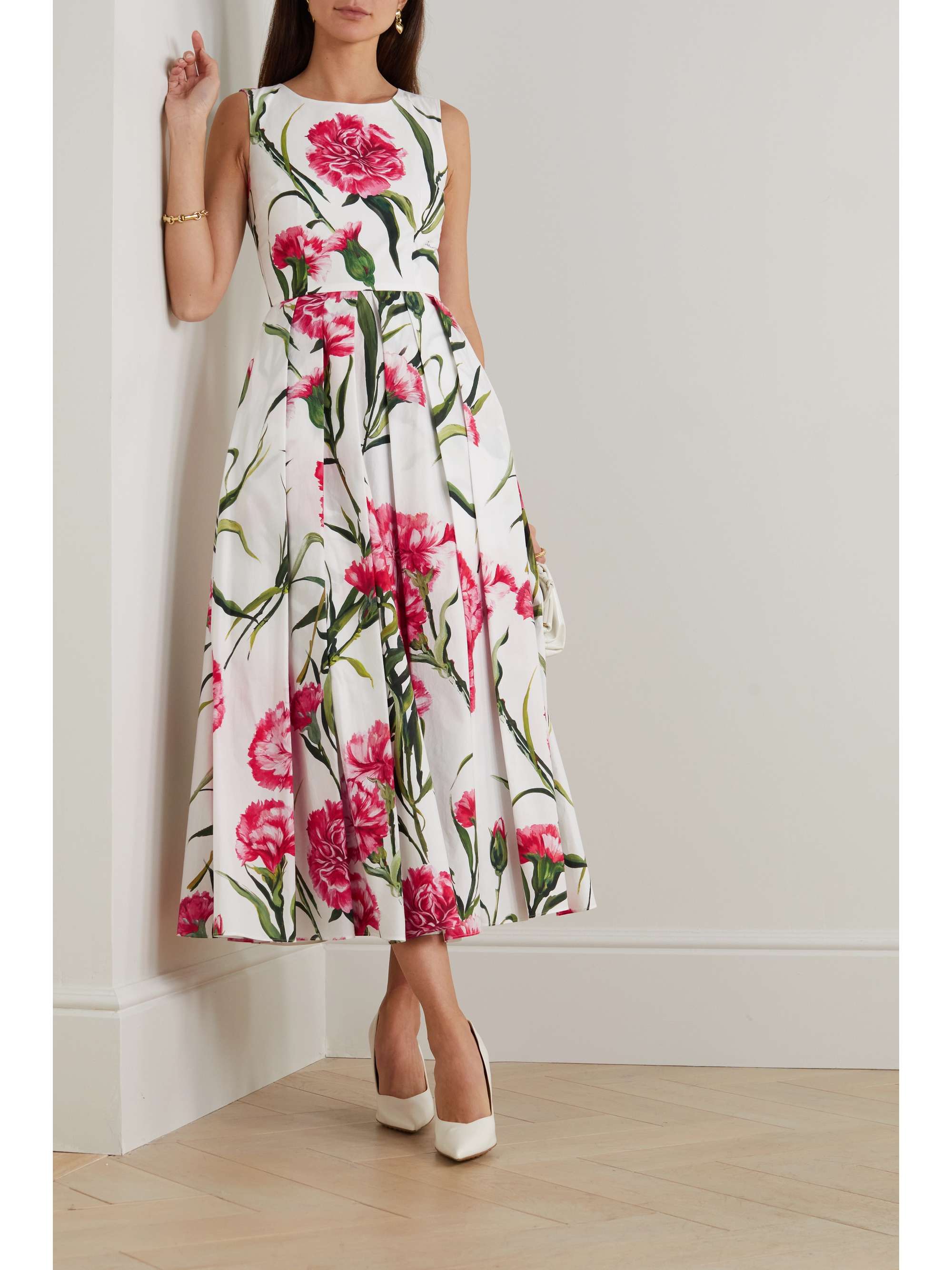 DOLCE & GABBANA Pleated floral-print cotton-poplin midi dress