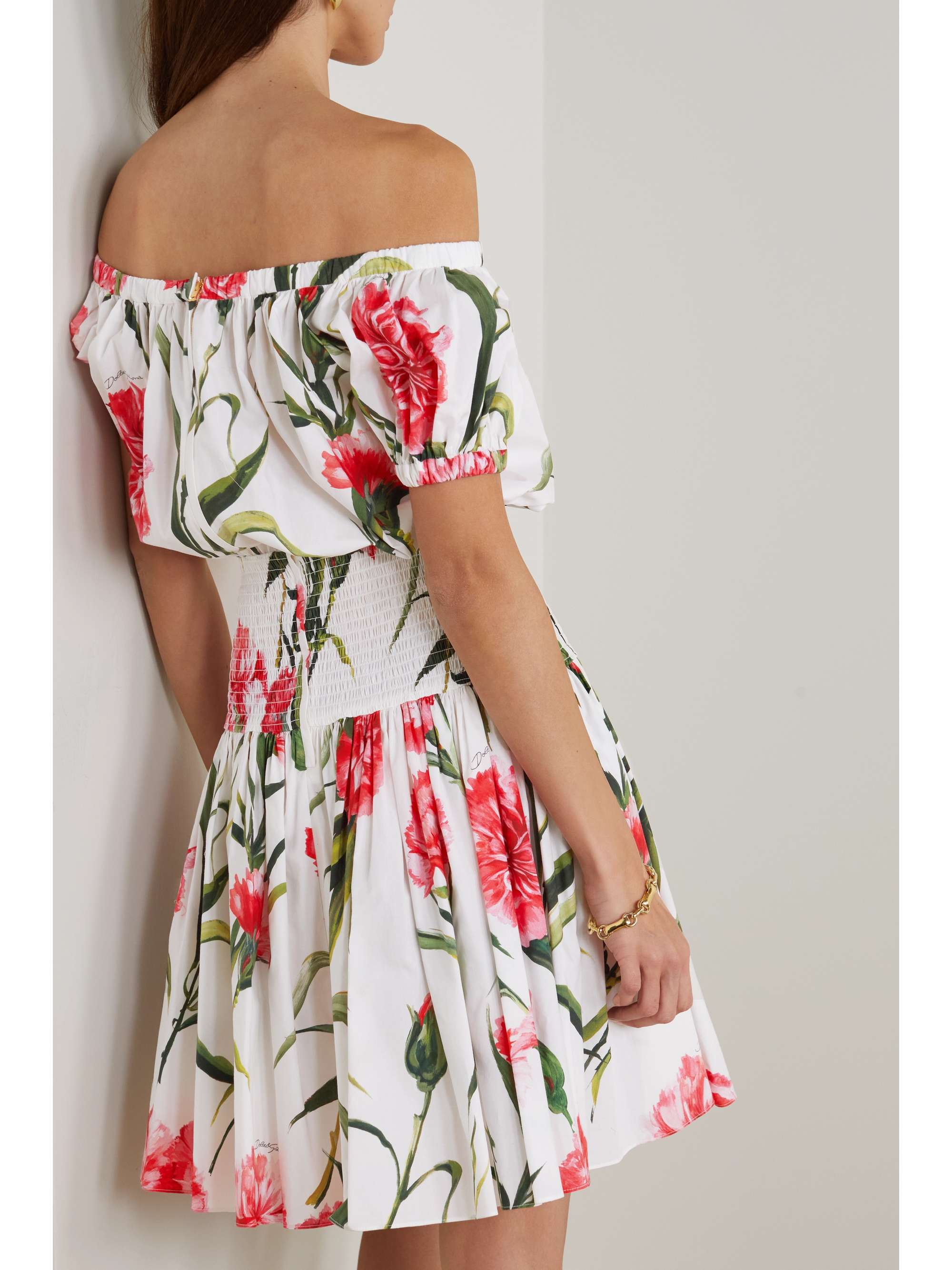 DOLCE & GABBANA Off-the-shoulder shirred floral-print cotton mini dress