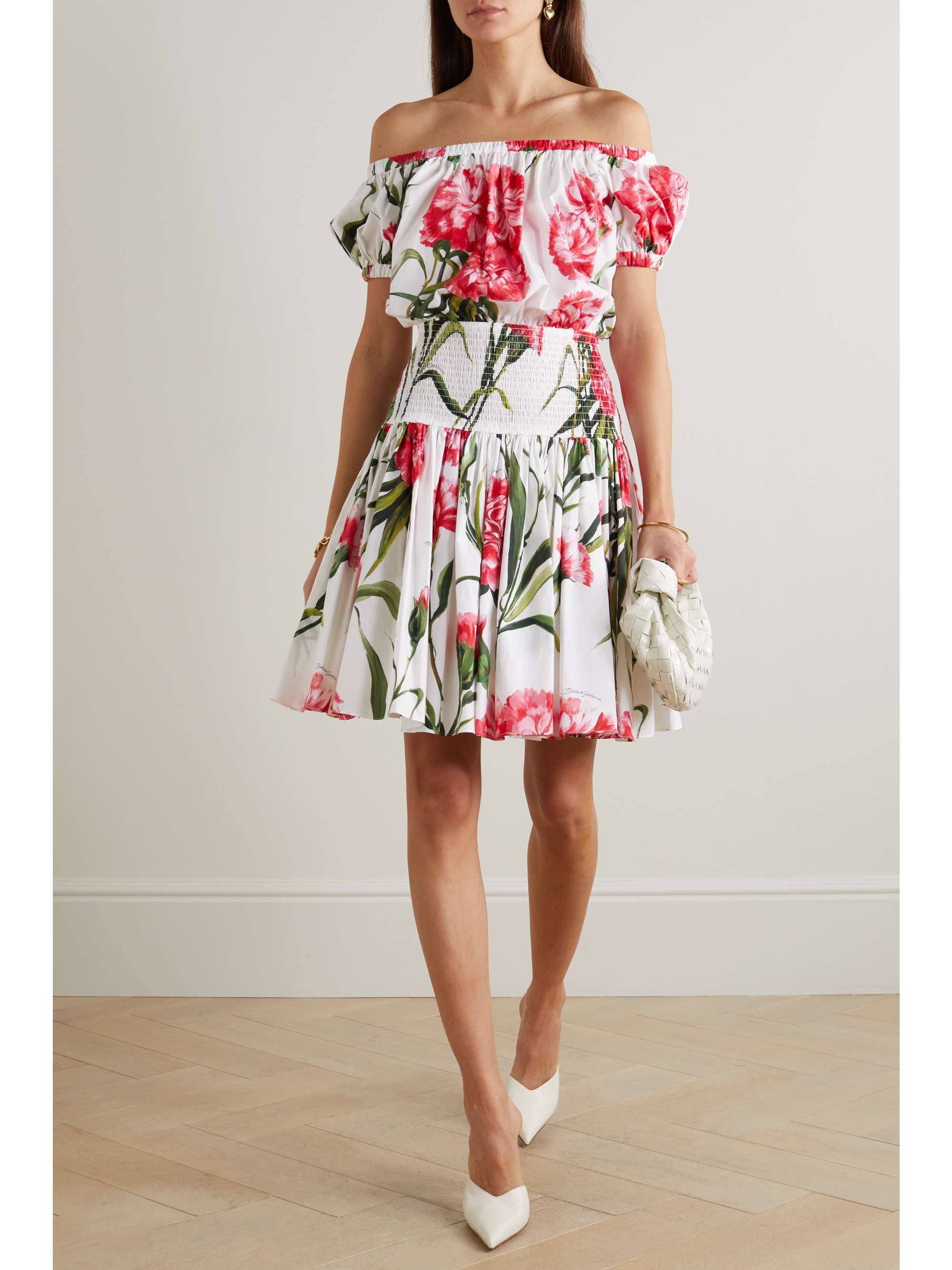 DOLCE u0026 GABBANA Off-the-shoulder shirred floral-print cotton mini dress |  NET-A-PORTER