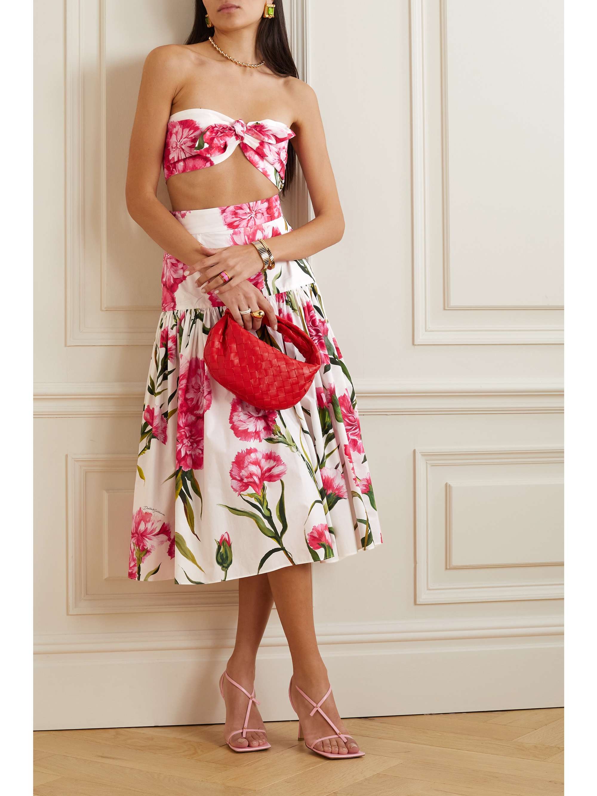 DOLCE & GABBANA Cropped strapless floral-print cotton-poplin bustier top