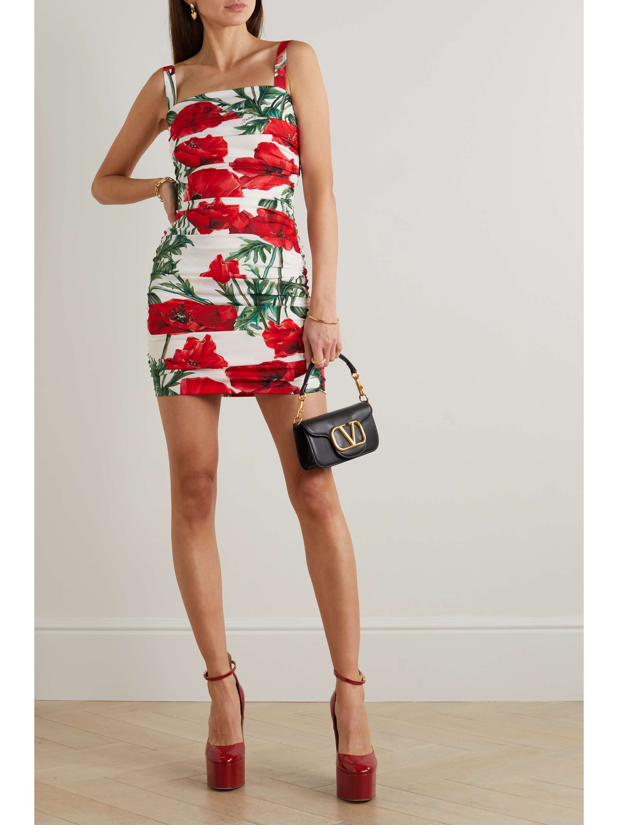 DOLCE & GABBANA Ruched floral-print stretch-silk mini dress