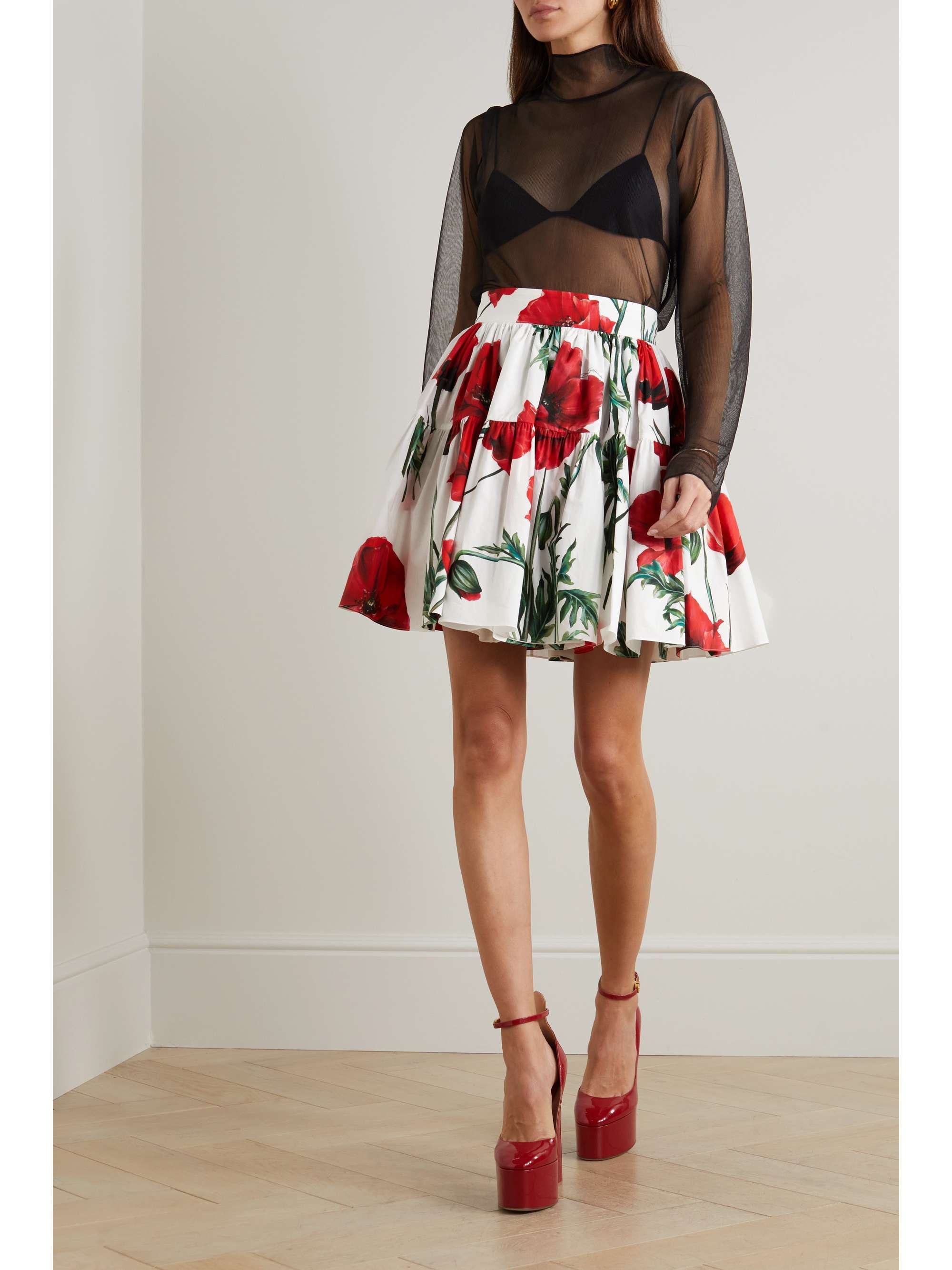 DOLCE & GABBANA Tiered floral-print cotton-poplin mini skirt