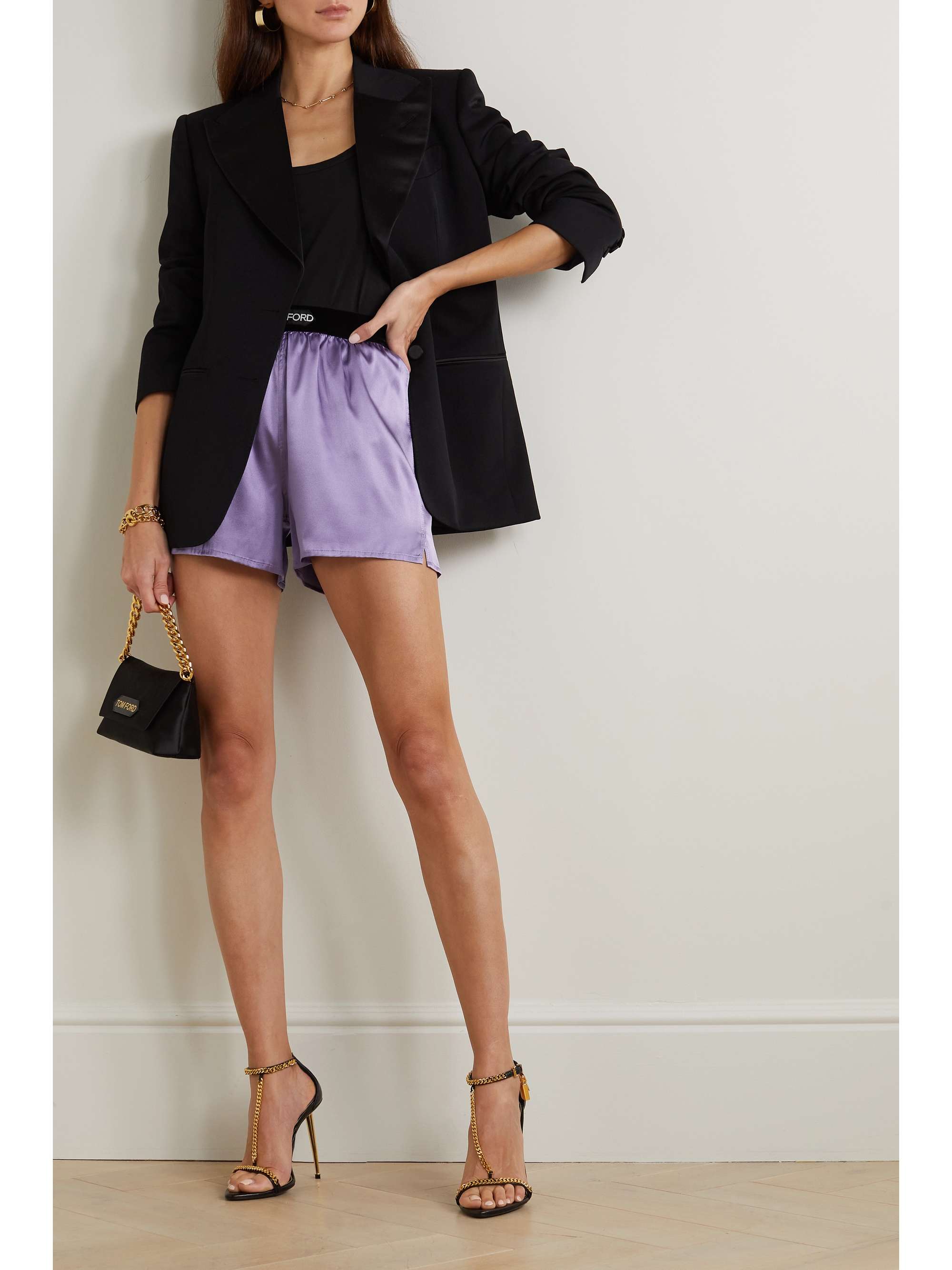 TOM FORD Velvet-trimmed stretch-silk satin shorts