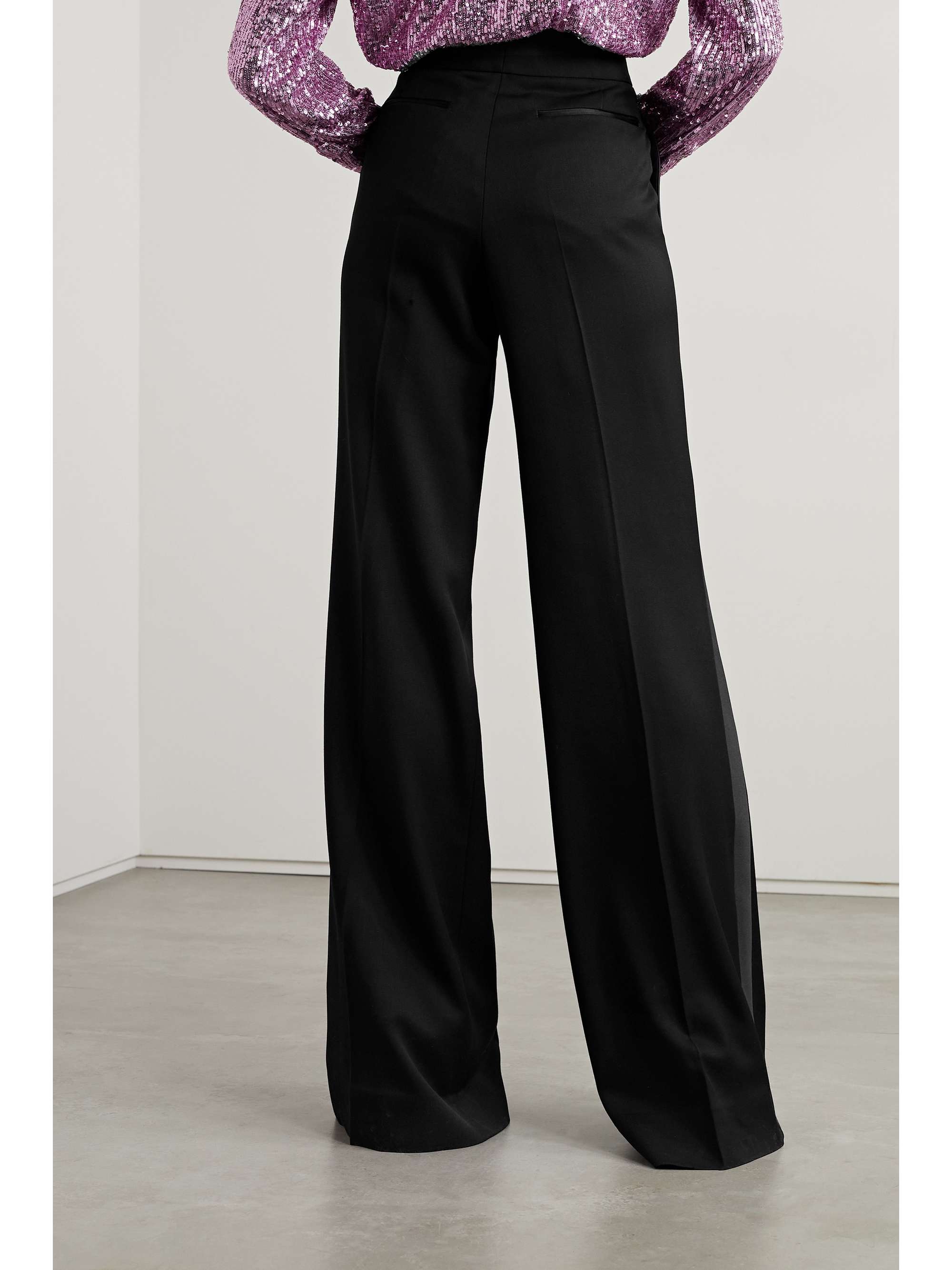 Satin-trimmed grain de poudre wool wide-leg pants