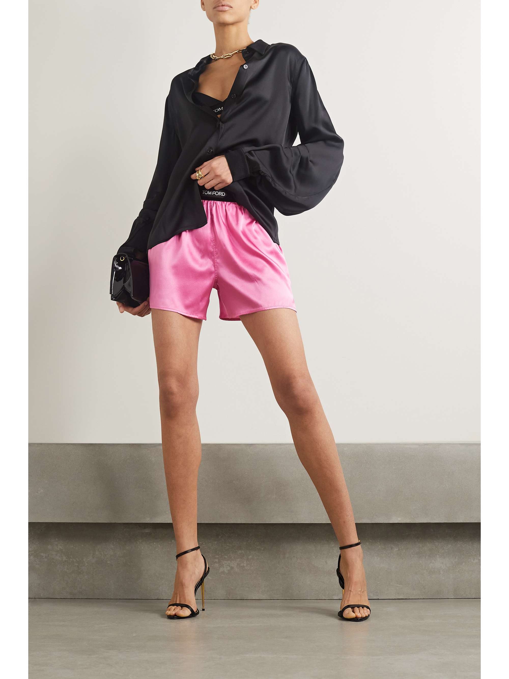 TOM FORD Velvet-trimmed silk-blend satin shorts