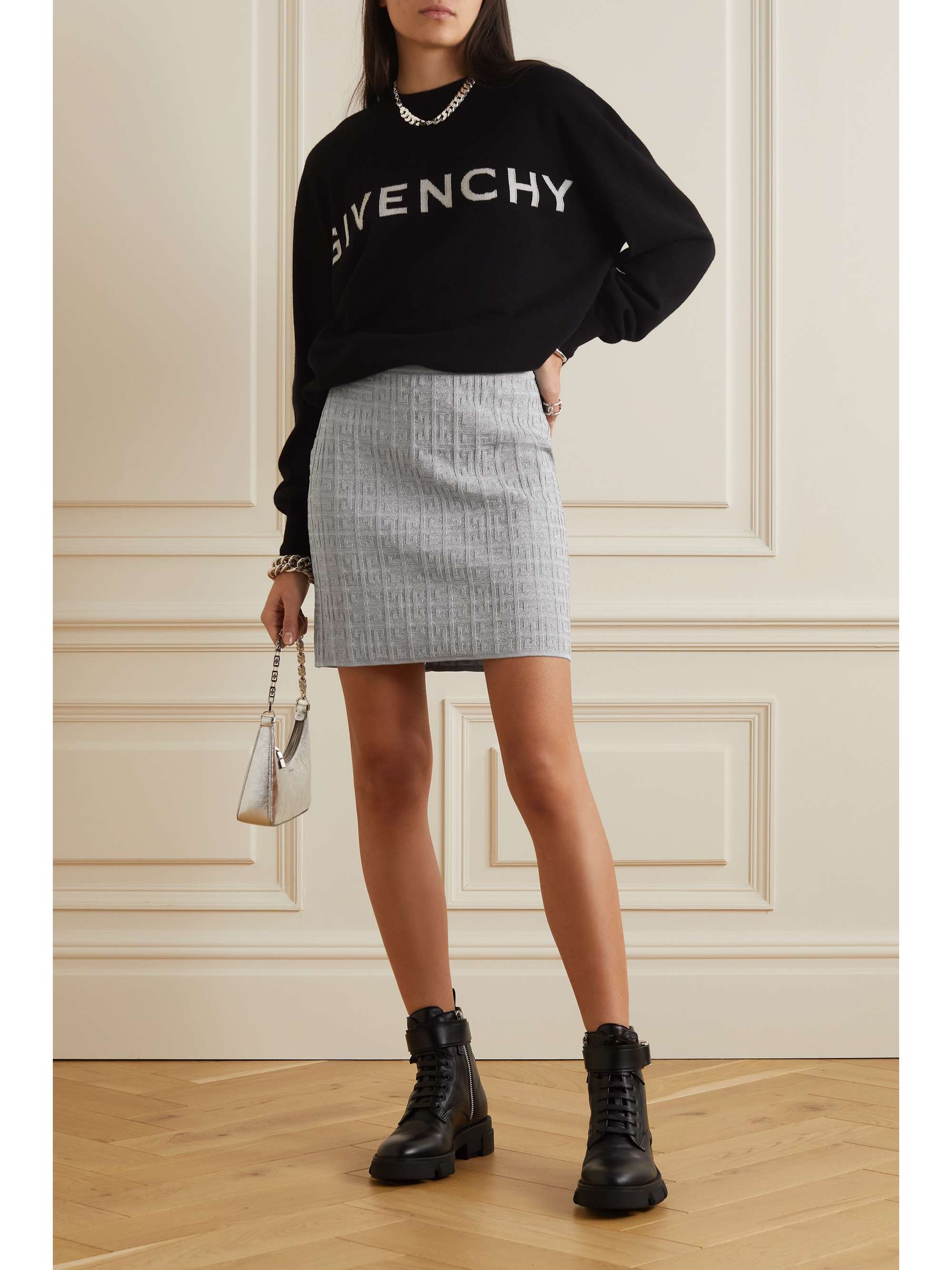 GIVENCHY Logo-jacquard metallic knitted mini skirt