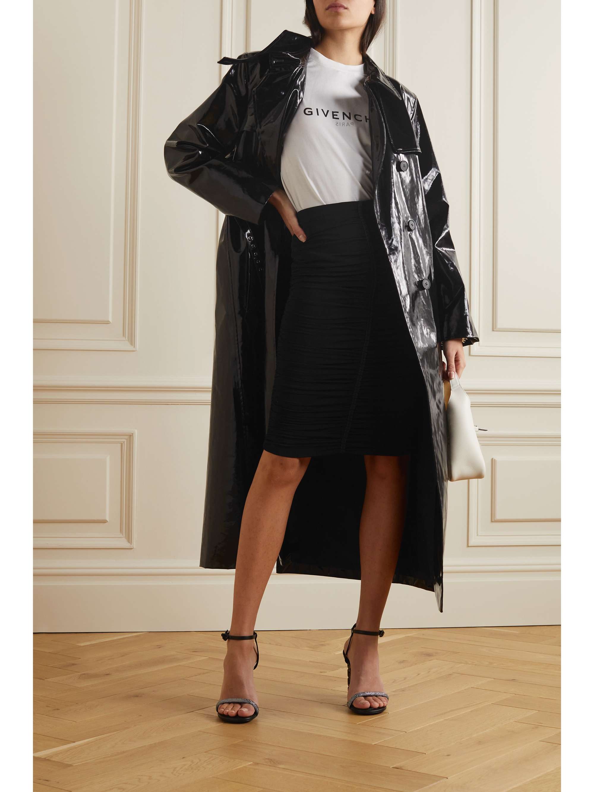 GIVENCHY Ruched crochet-trimmed stretch-jersey midi skirt