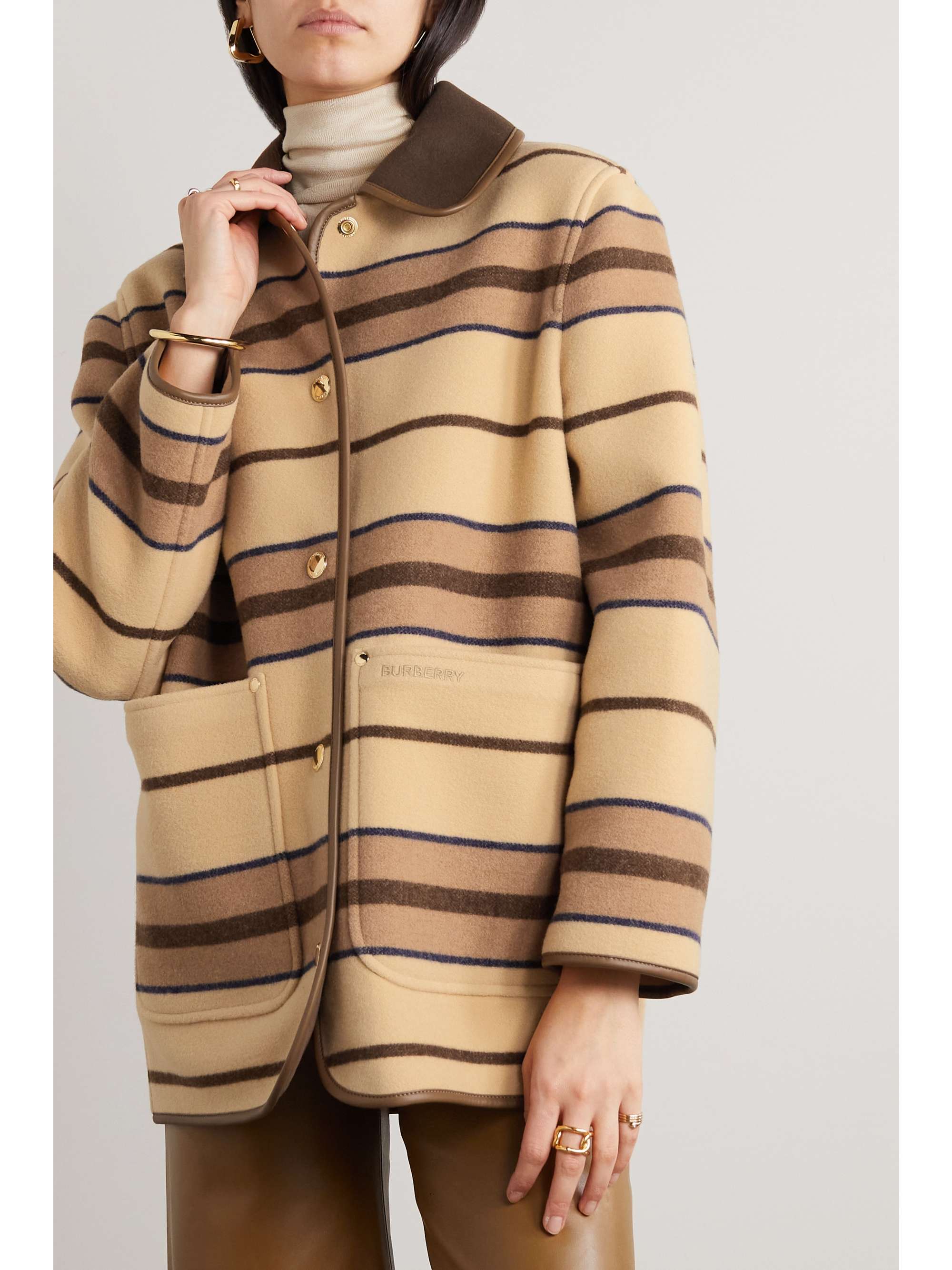 BURBERRY Leather-trimmed striped wool-felt jacket