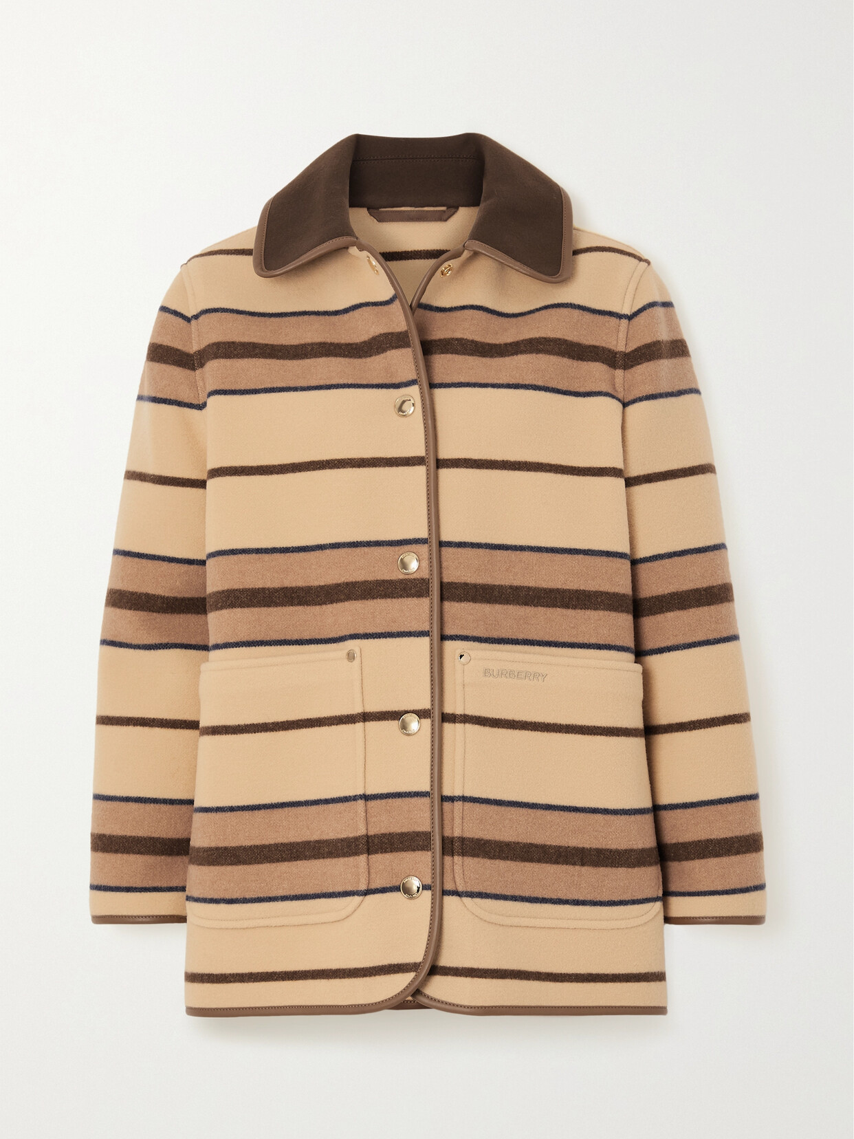 BURBERRY LEATHER-TRIMMED STRIPED WOOL-FELT JACKET