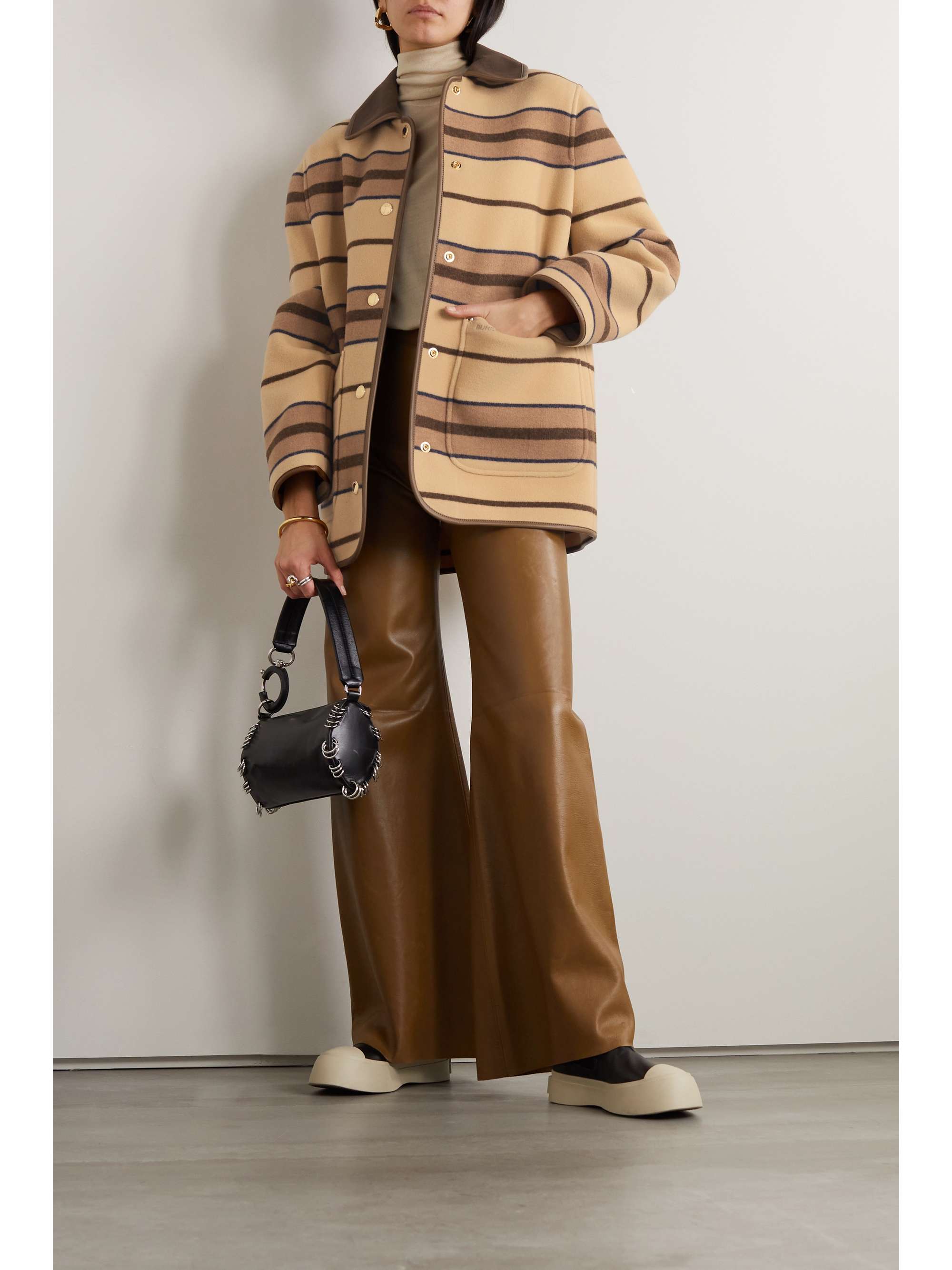 BURBERRY Leather-trimmed striped wool-felt jacket