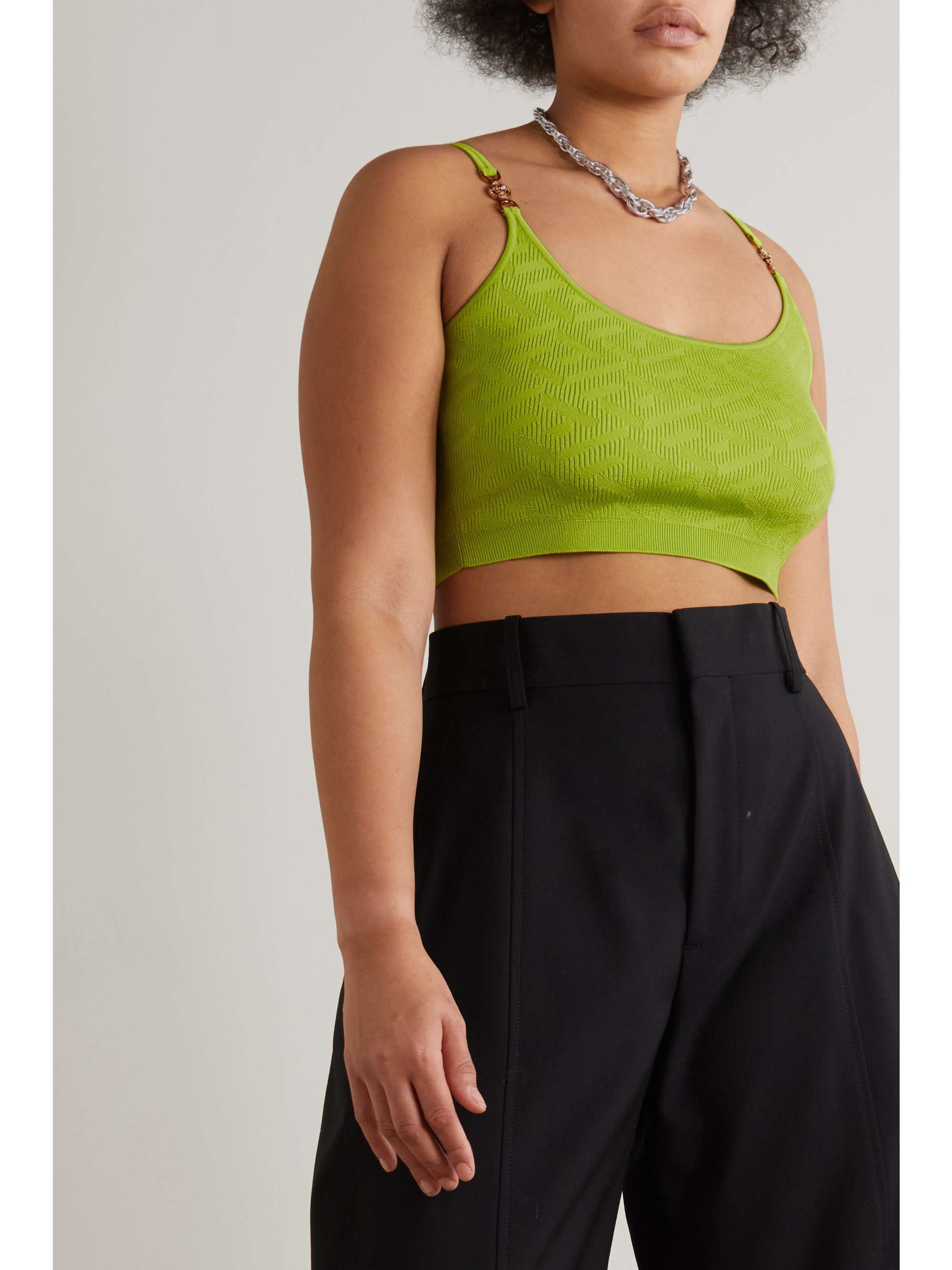 VERSACE La Greca copped embellished knitted top