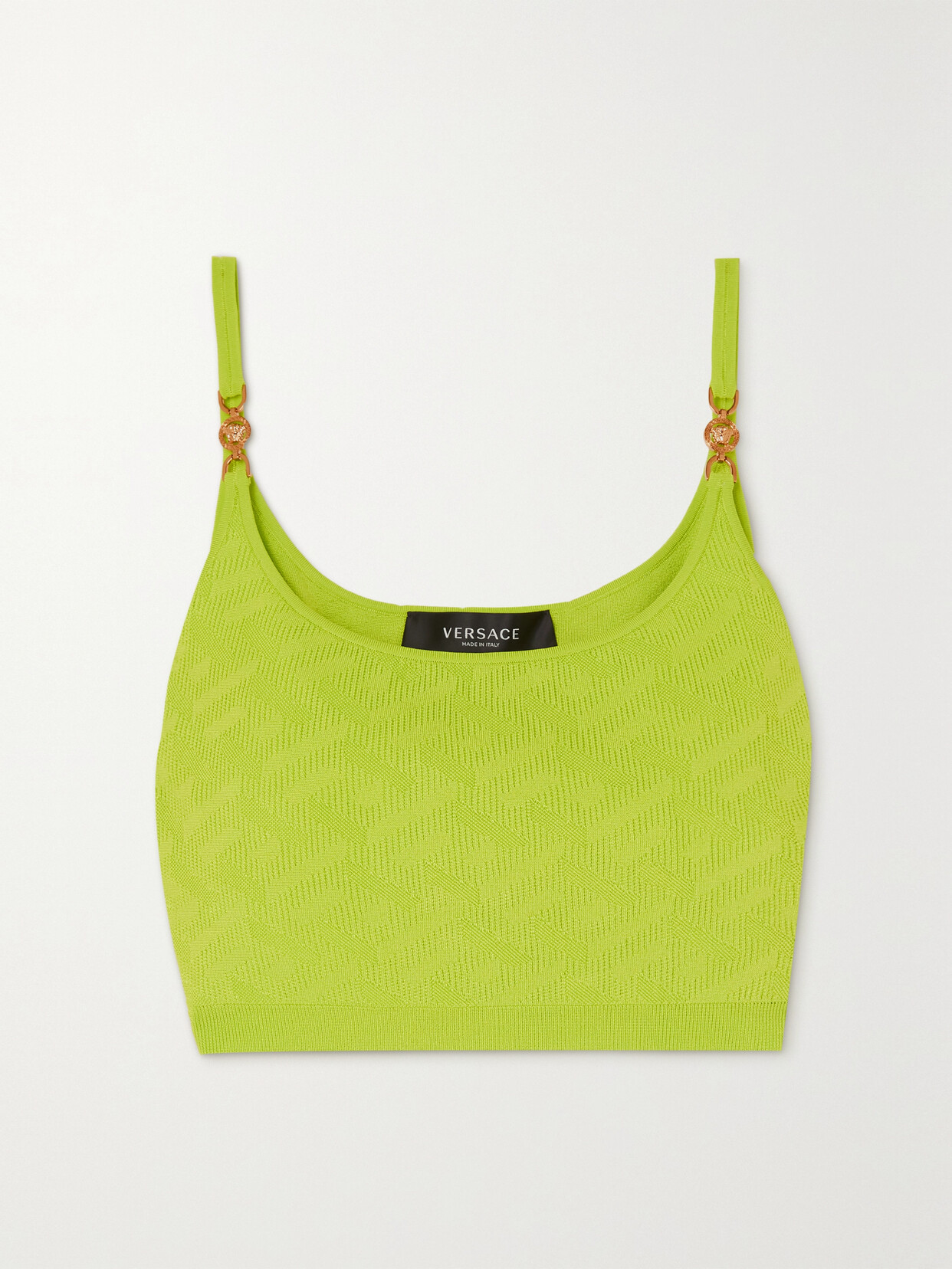 Versace - La Greca Cropped Embellished Neon Knitted Top - Green