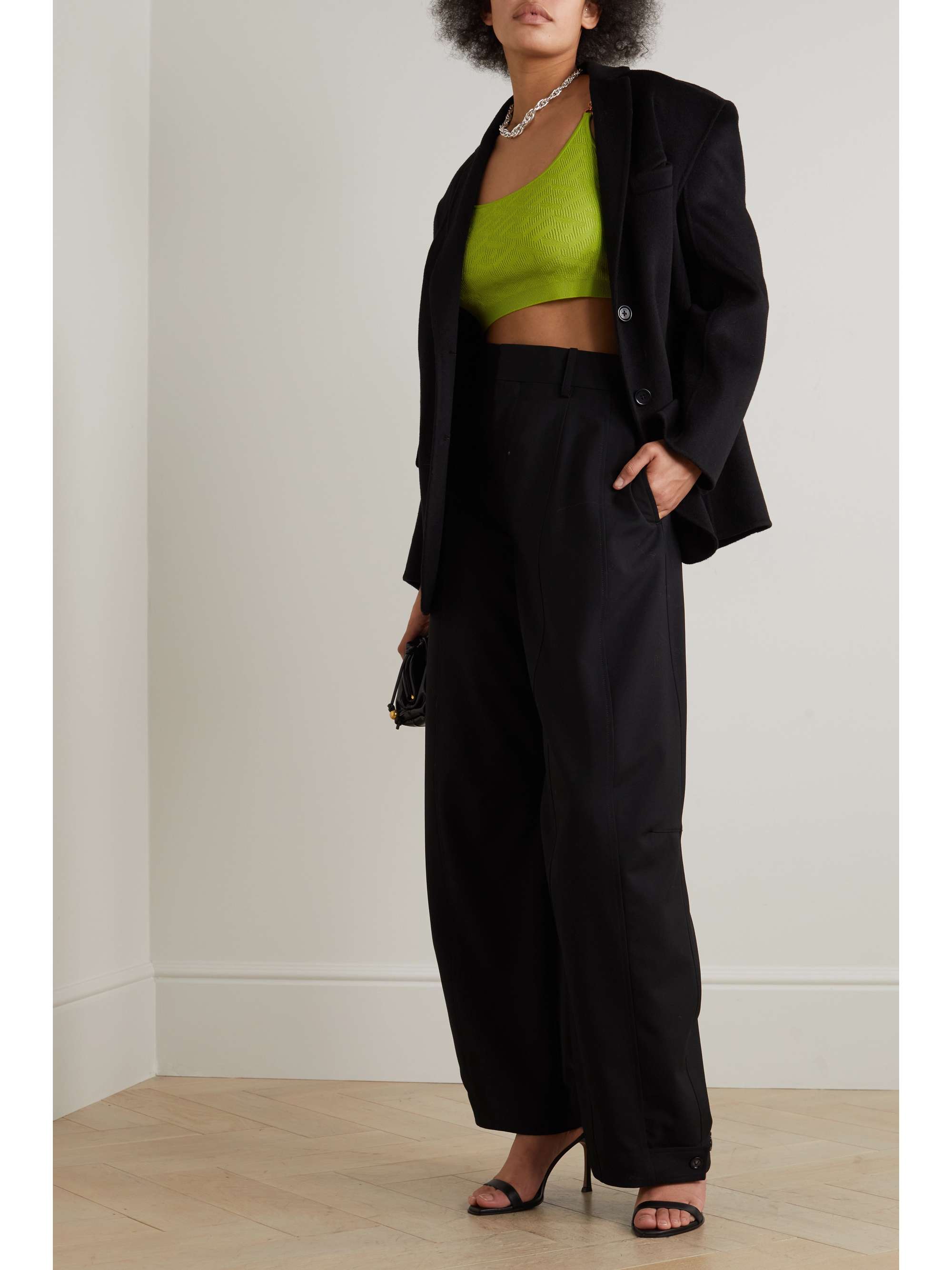 VERSACE La Greca copped embellished knitted top
