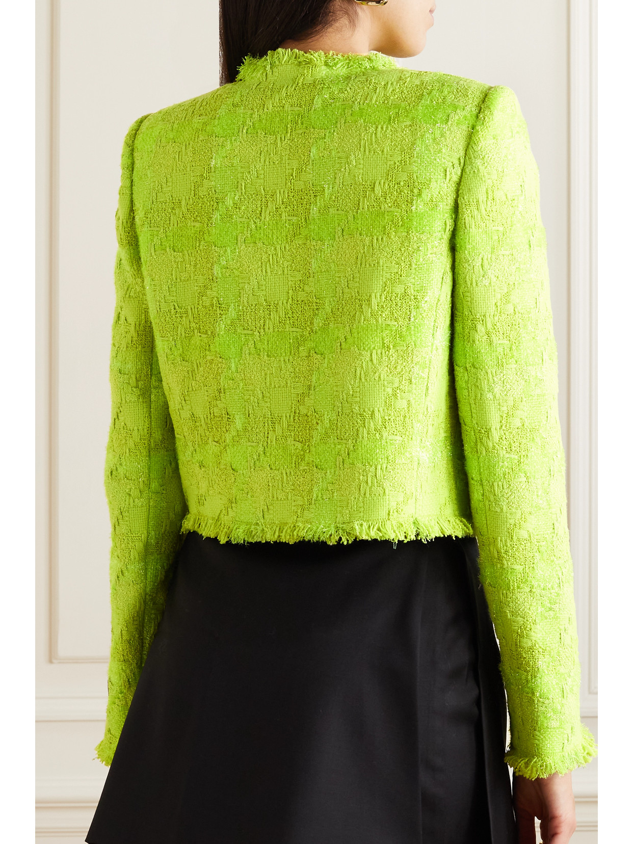 VERSACE FRINGED METALLIC CHECKED WOOL-BLEND TWEED JACKET